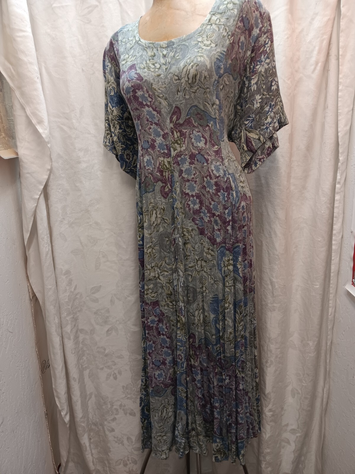 1980’s Gray Blue Purple Soft Rayon Romantic Dress by Nostalgia Size Medium
