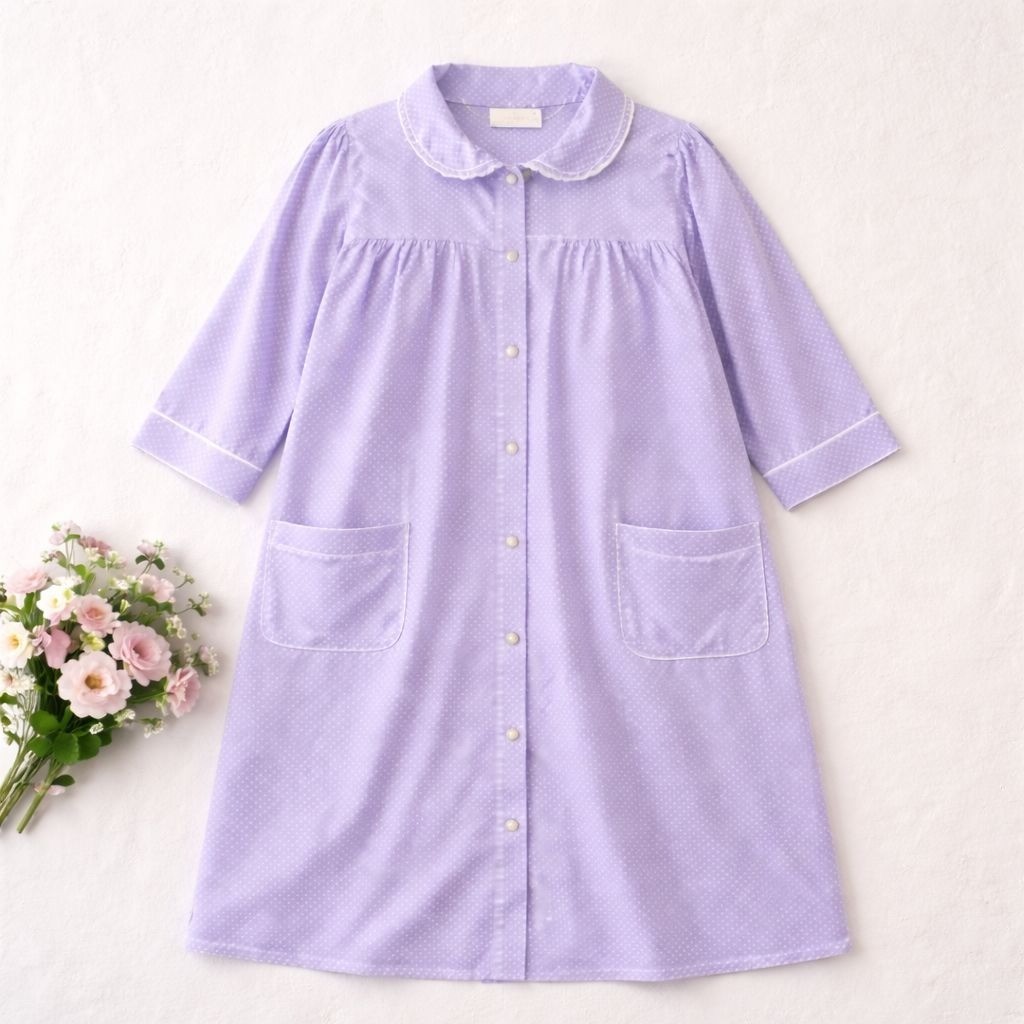 Polka Dot Pearl Snap Nightgown XL VTG Lavender Cottage House Dress Loungewear