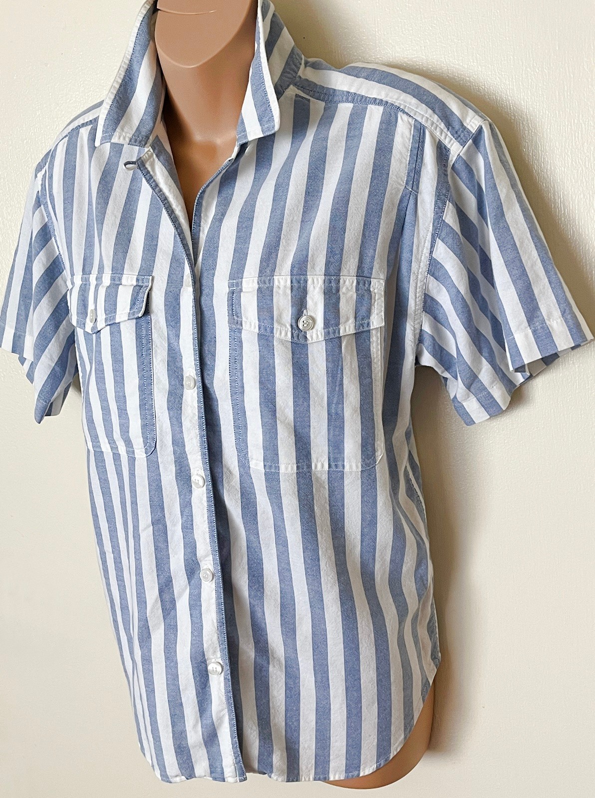 Vintage Liz Claiborne S Blue Striped Chambray Camp Shirt Blouse Button Down