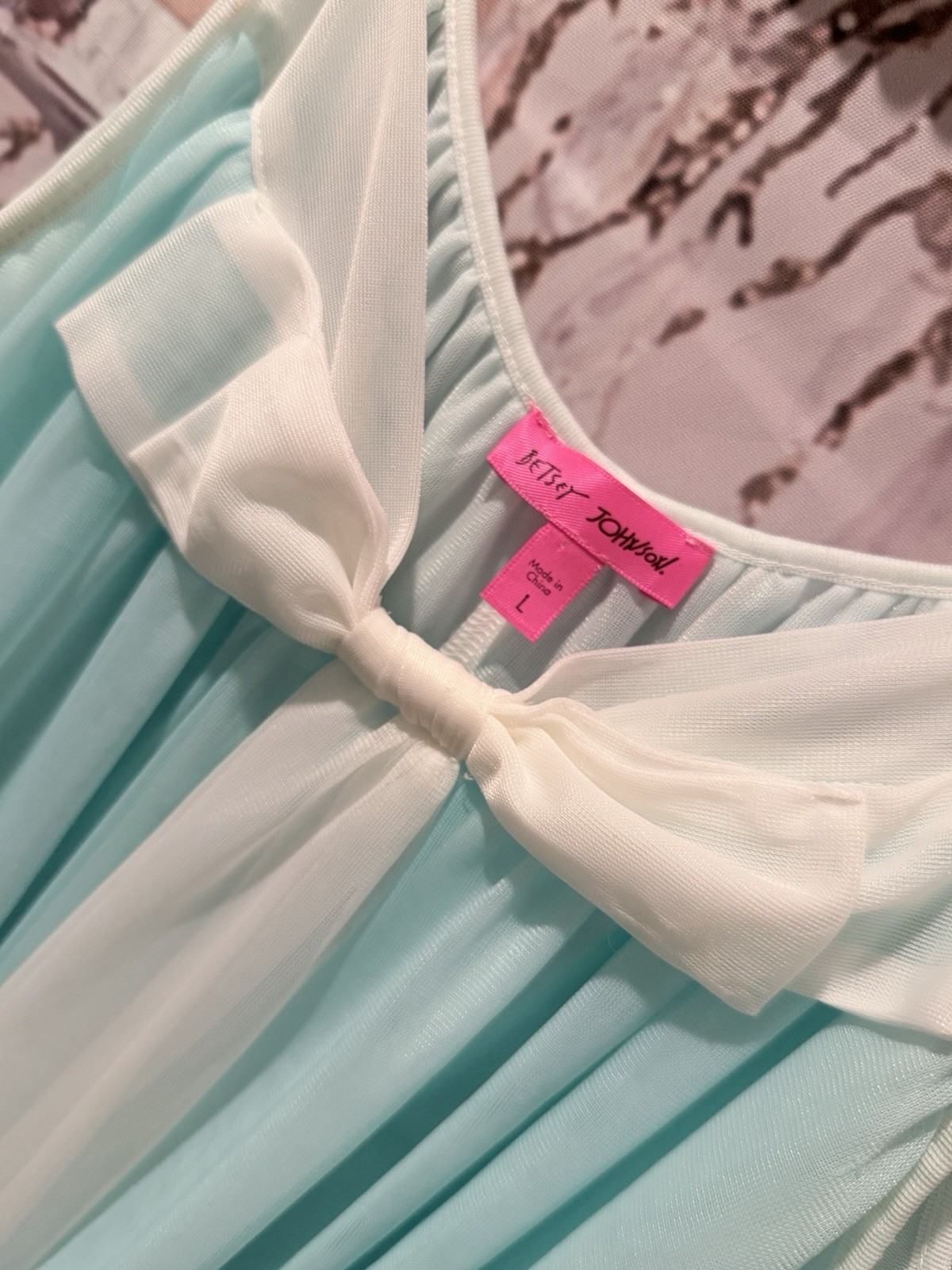 VTG Y2K Women’s Betsey Johnson Bluish Teal White Bow Babydoll Flowy Slip Dress L