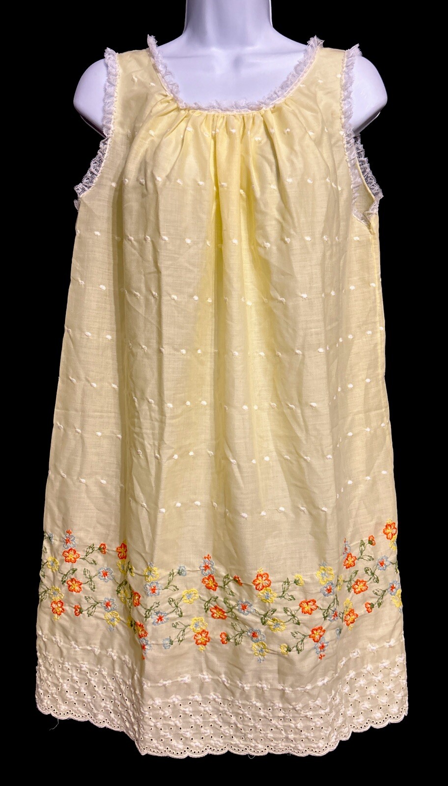 Vintage Nightgown Leonora M Yellow Lace Trim Sleeveless Embroidered Union Made