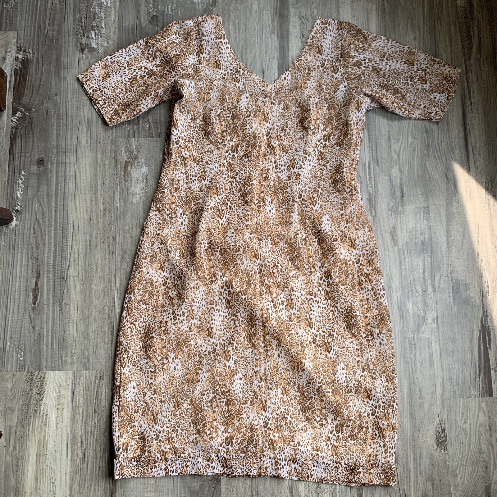 Vintage Animal Leopard Print Dress Sheath Short Sleeve Medium Large Size 8 10