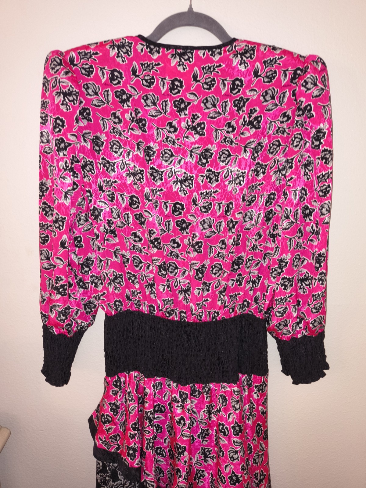 Vintage 1980s Misses’ Hot Pink Black Floral Sequin Shoulder Pad Dress Smocked…