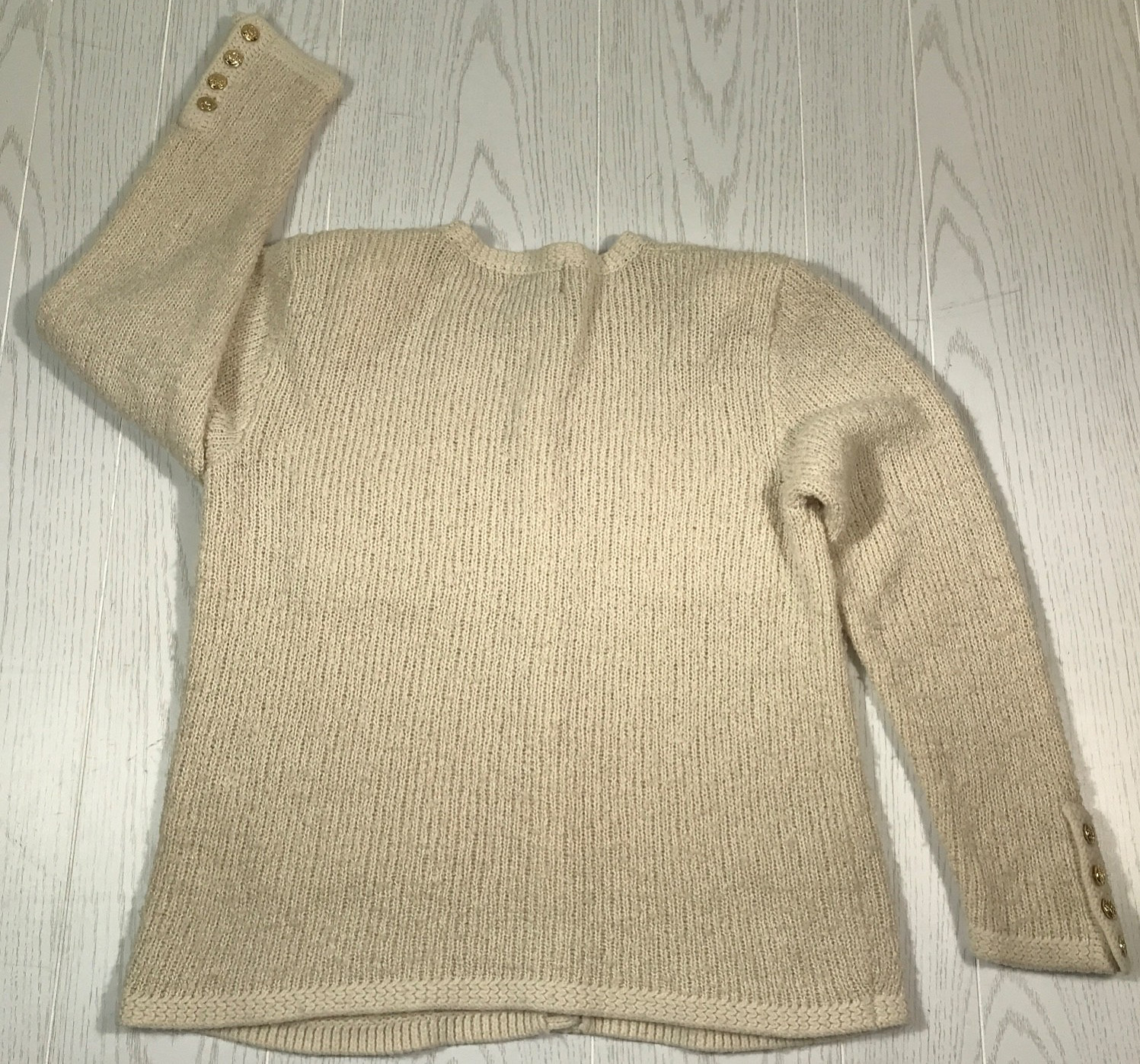Vintage 80s Granny Sweater Women M Beige Tanner Acrylic Cardigan 4 Pockets Ugly