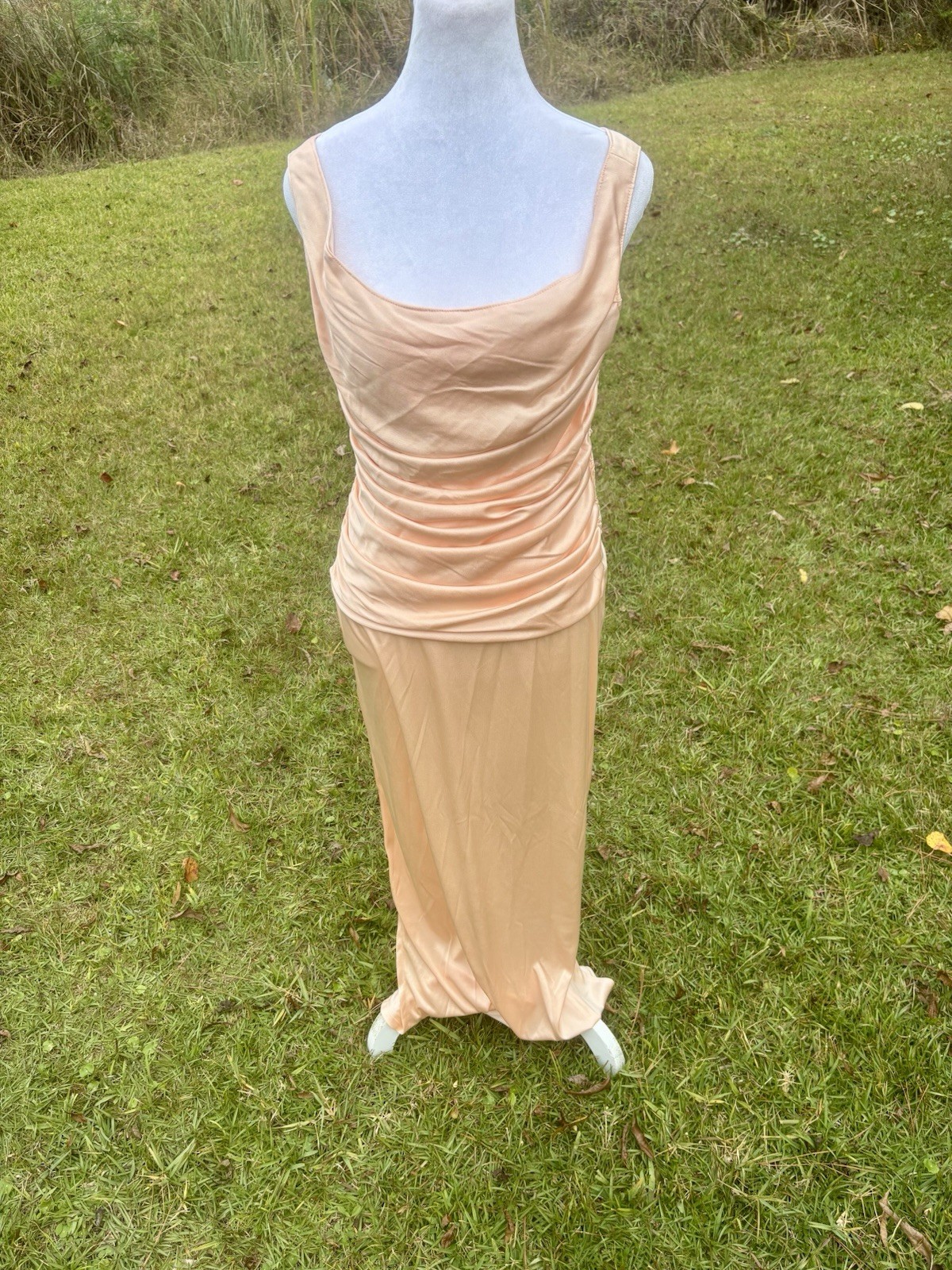 Vintage Peachy Ruched Gown and Jacket with Open Back Split Side 70s Size 12
