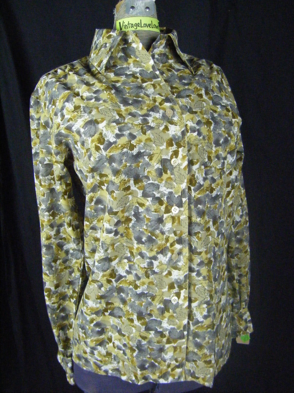 VERA NEUMANN Vtg 70s Grey Brown Leaf Printed Shirt-Bust 39/S-M