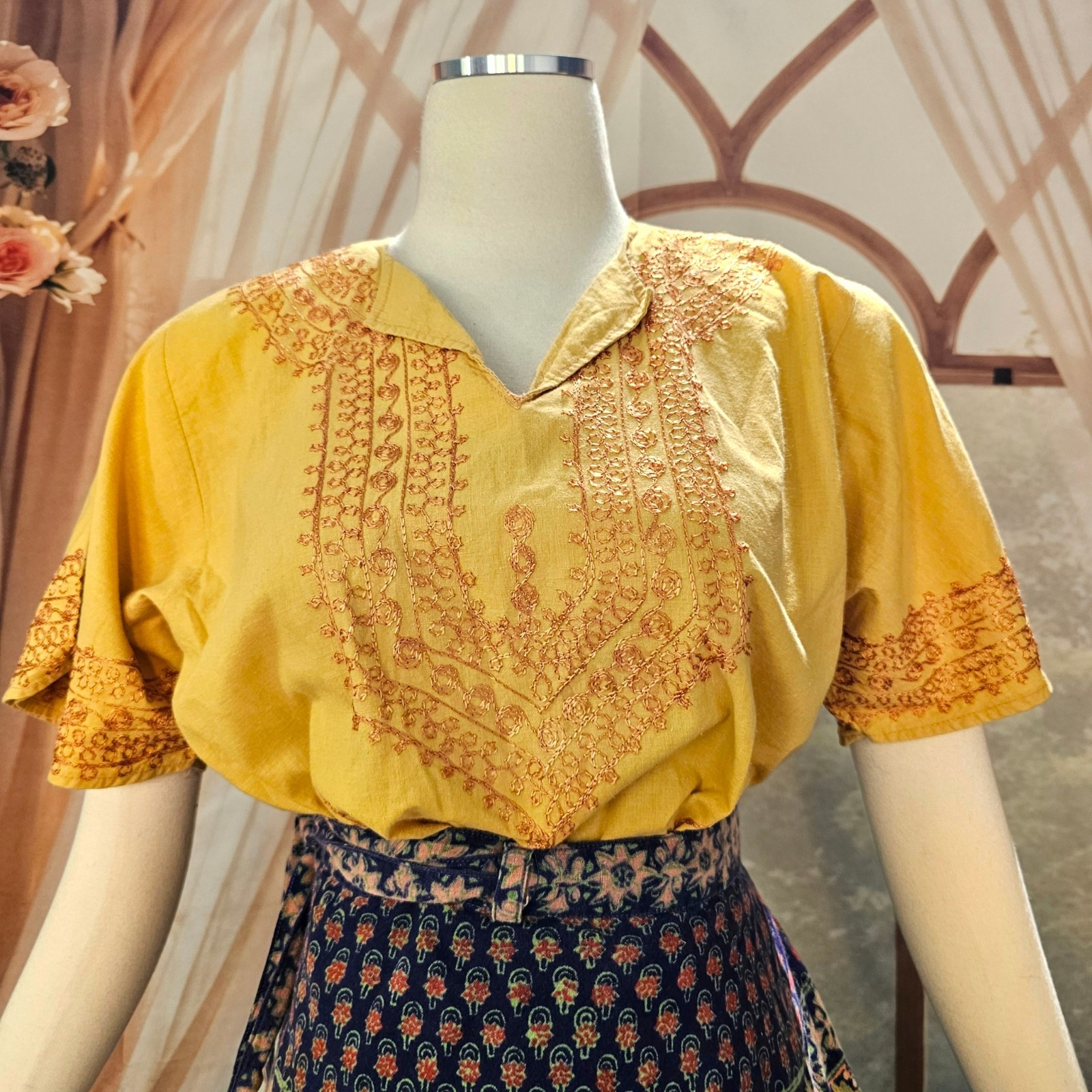 Vintage 1970s Blouse Top Shirt Mustard Yellow Embroidered India Short Sleeve