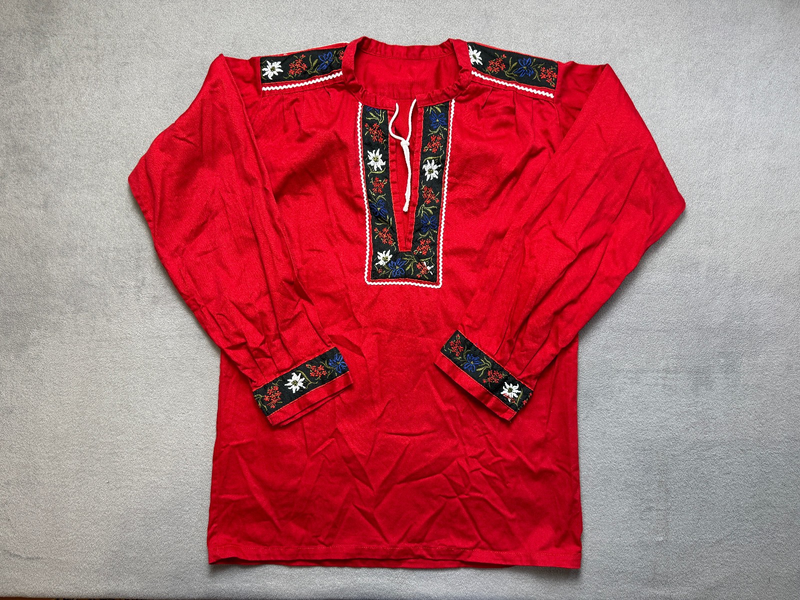 Alpine Bavarian Traditional Embroidery Cotton Blouse Trachtenbluse Red Size S