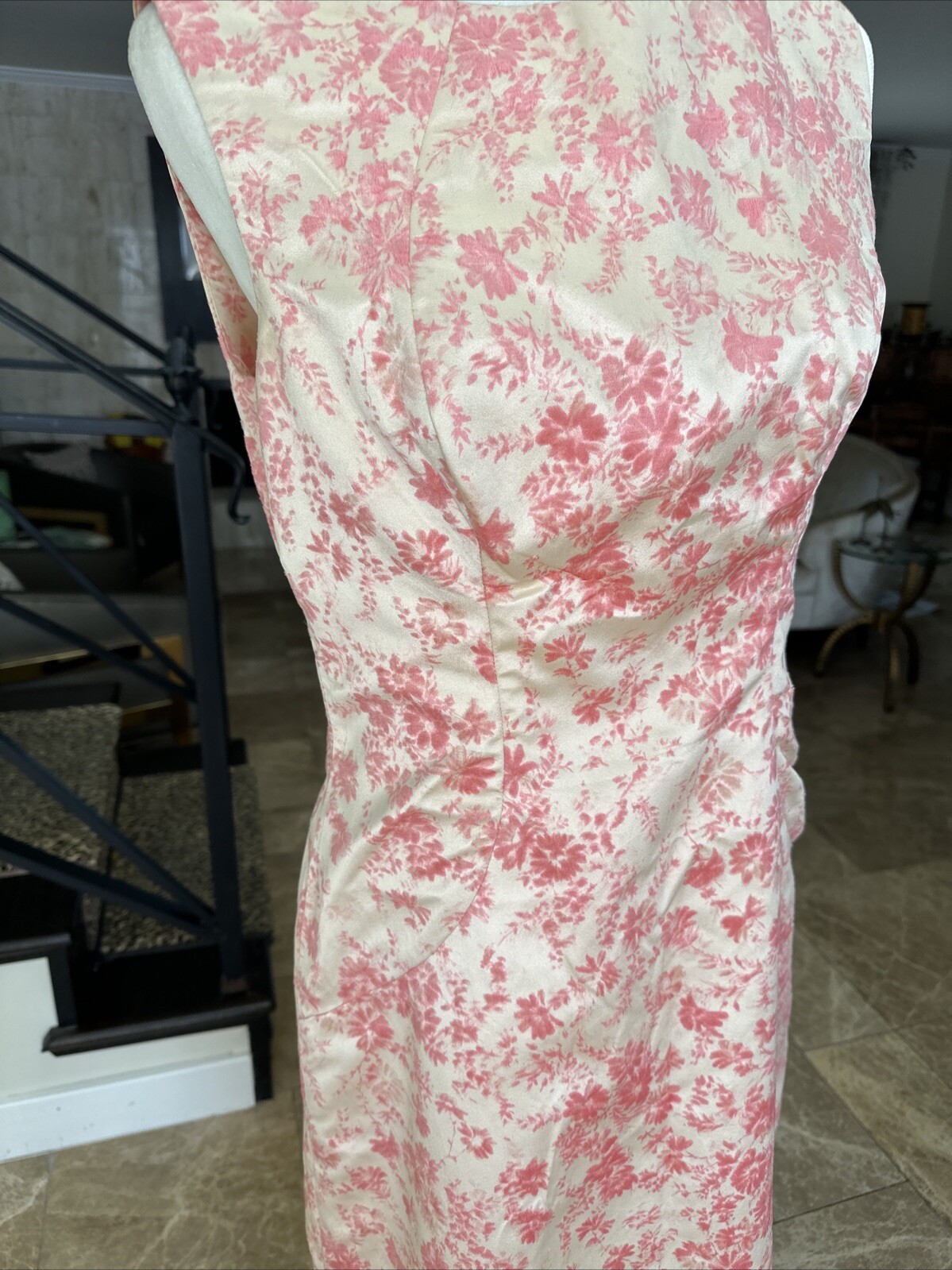 Vintage 60s Cream Satin & Pink Velvet Flocking Evening Gown With Jacket Size 6