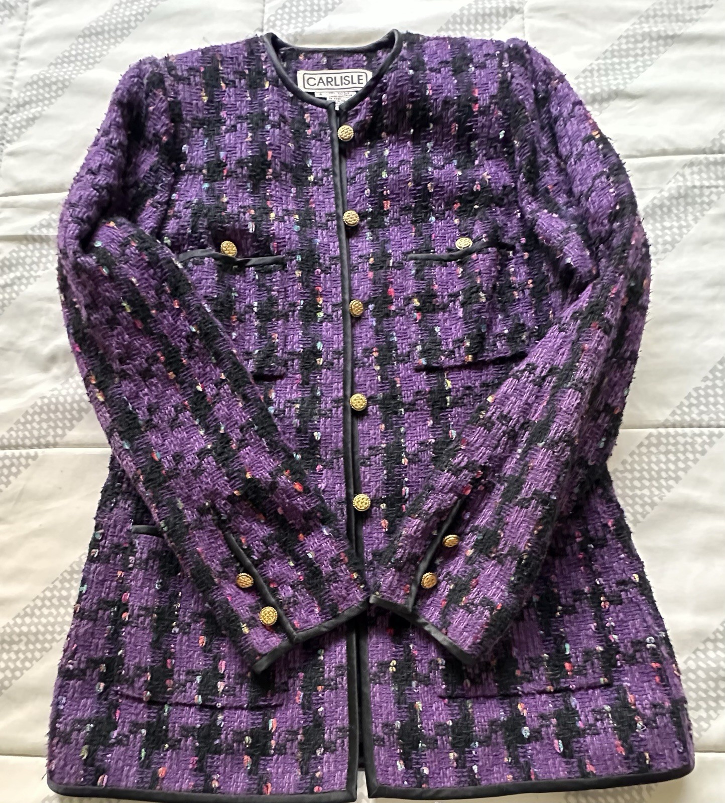 VTG CARLISLE Silk Tweed Blazer Jacket Purple Black Plaid Gold Buttons Size 6