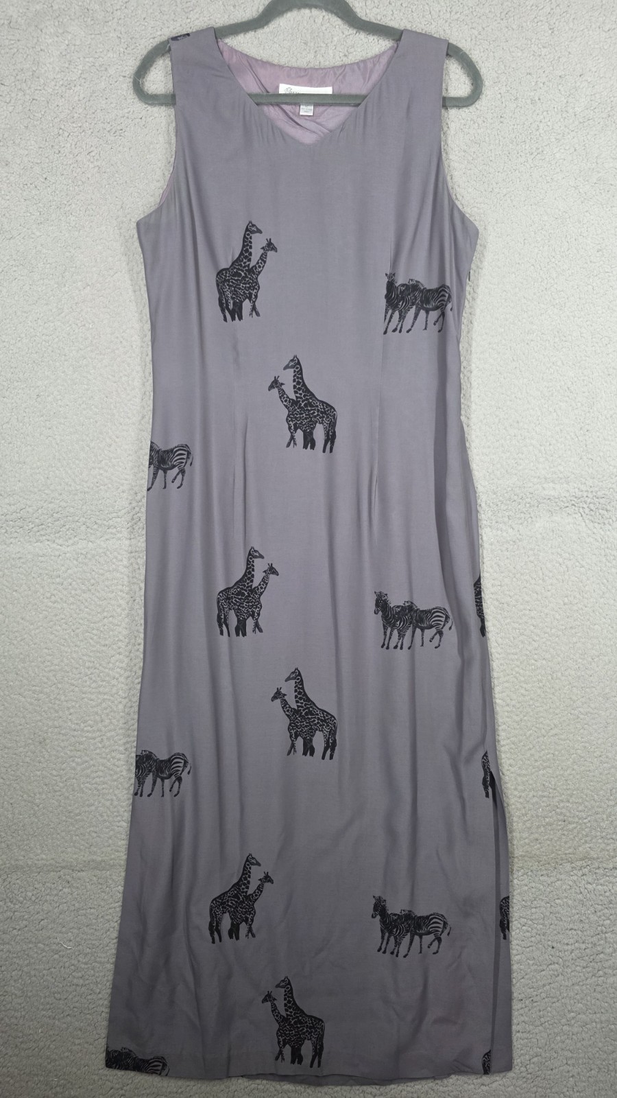 Vintage 90s Giraffe Print Dress Size 12 L Ilyse Hart Maxi Sheath Lavender Grey