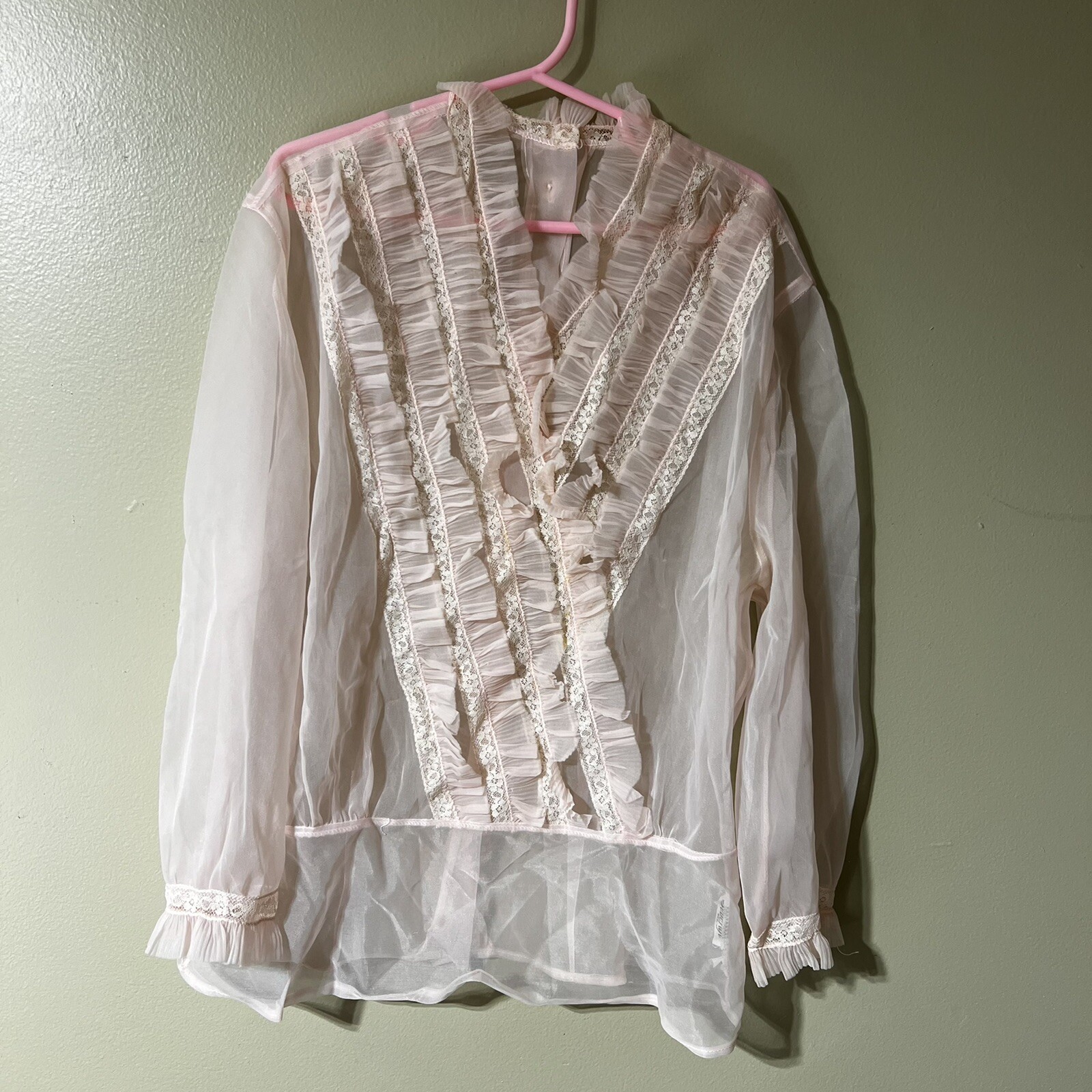 Vintage Womens Pink Debcraft Sheer All Nylon Blouse Ruffles Sz 36