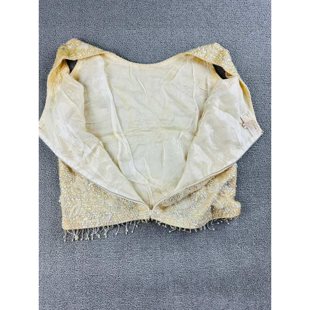 Vintage Hand Full Fashioned Top Women S Beige Beaded Floral Virgin Wool HongKong