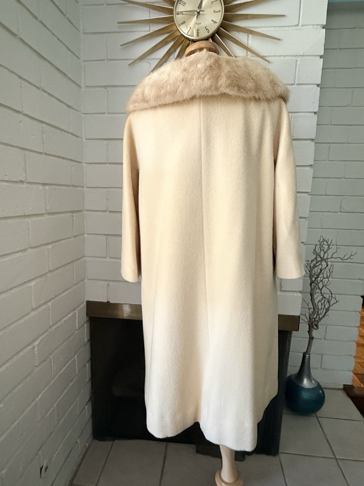 Vintage Ivory Swing Coat Real Fur Collar 50s 60s cream beige Bridal S wool USA