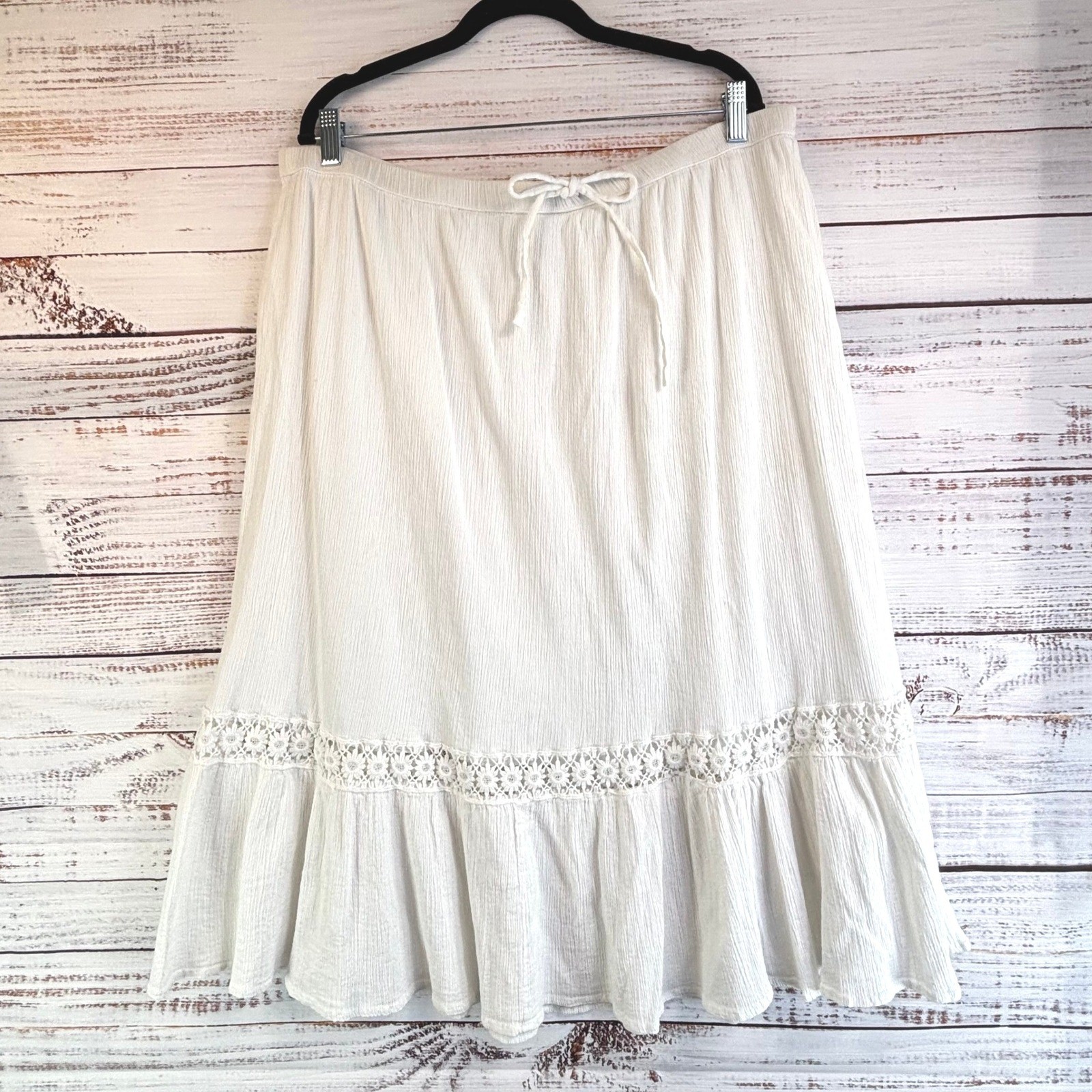 Vintage Midi Skirt 2X White 100% Cotton Gauze Crochet Lace Ruffle Boho Cottage