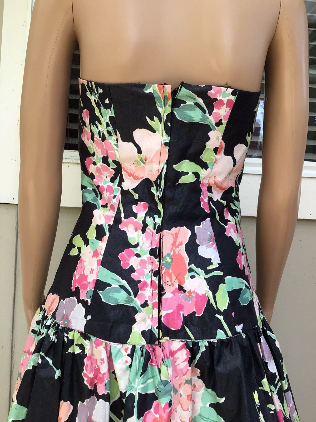 Vtg 80s S G Gilbert Black Floral Chintz Drop Waist Sleeveless Party Dress 8