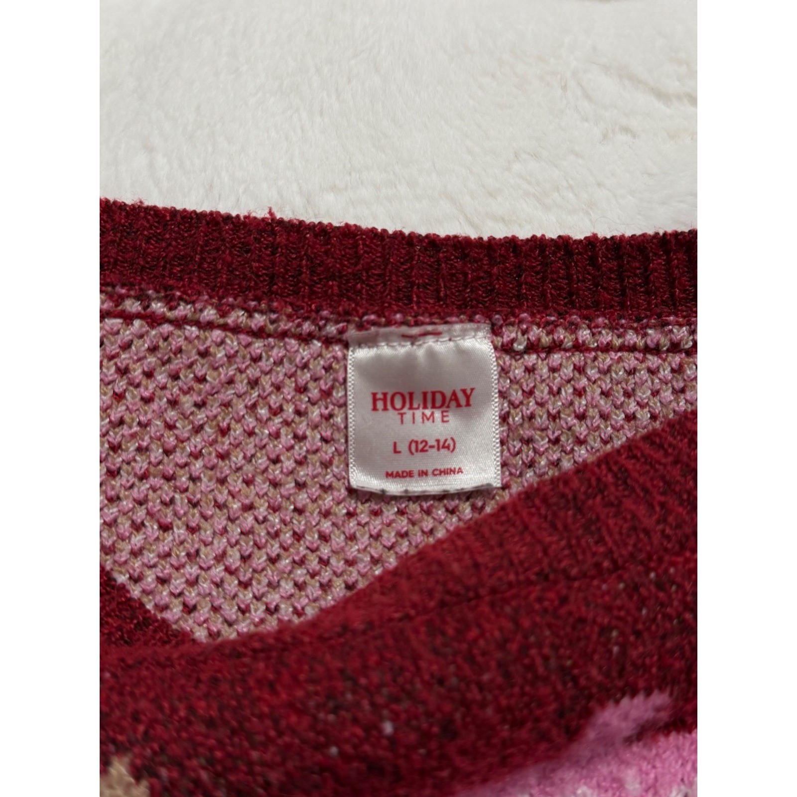 Holiday Time Burgundy Pink Christmas Tree Gold Sequin Sweater L Cozy Ugly Party