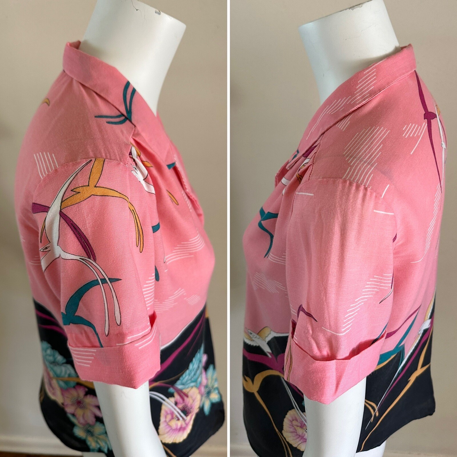 1980s California Connection Tropical Rayon Blouse Pink Bird Print Made USA VTG