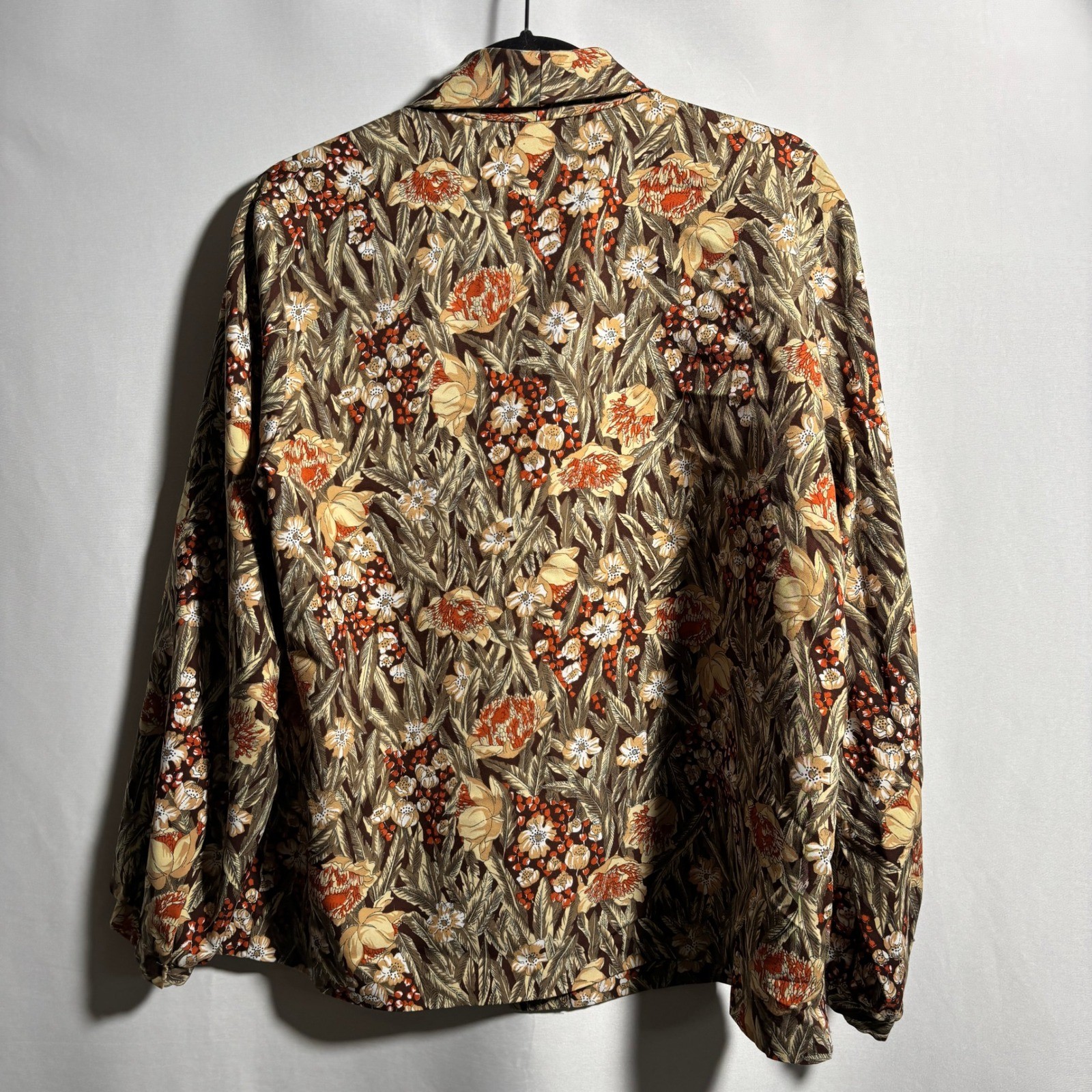 VTG 70s Lady Arrow Floral Pussy Bow Brown Orange Long Sleeve Secretary Top XL