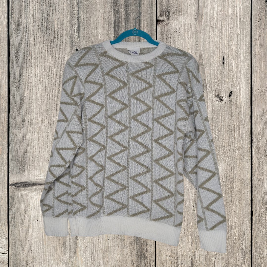 Vtg Acrylic Geometric Sweater Knit Crew Neck 80s 90s S Retro White Tan Preppy