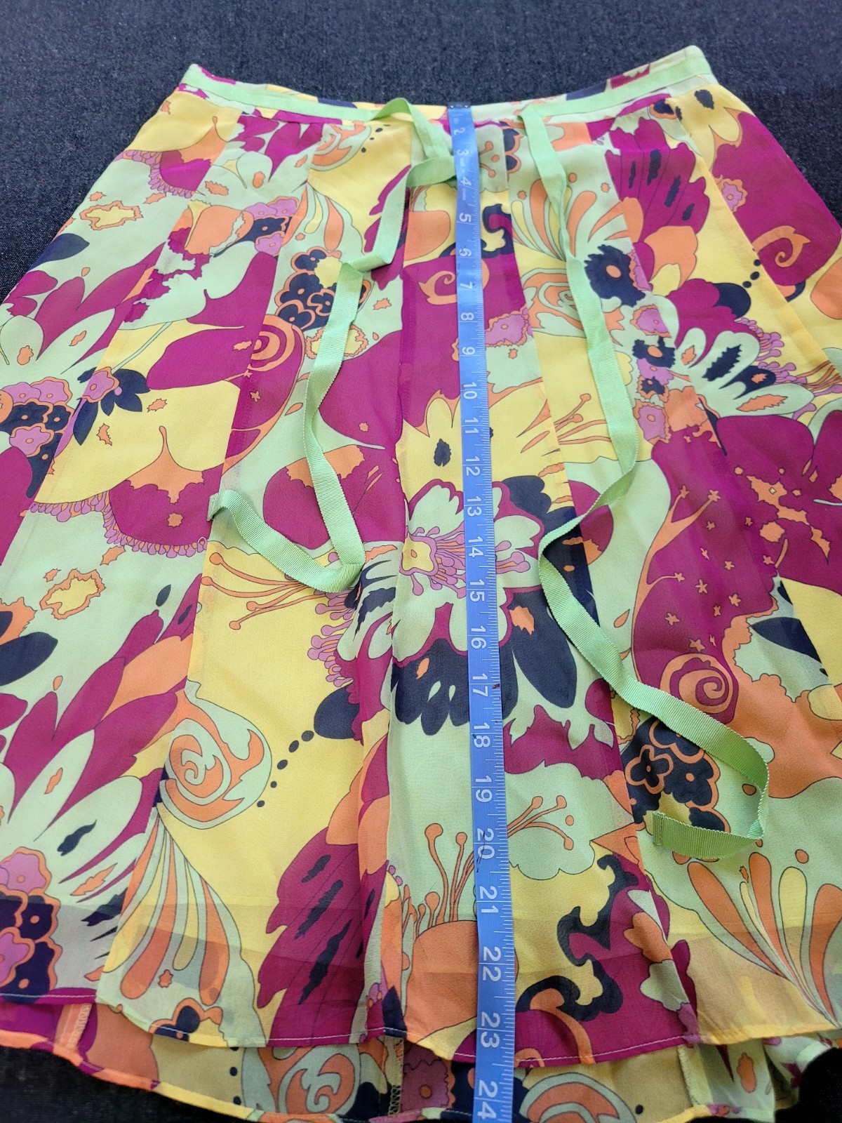 Vintage 90s Y2K Psychedelic Knee Length Skirt Silk Floral Bright Mod Gogo 10 M/L