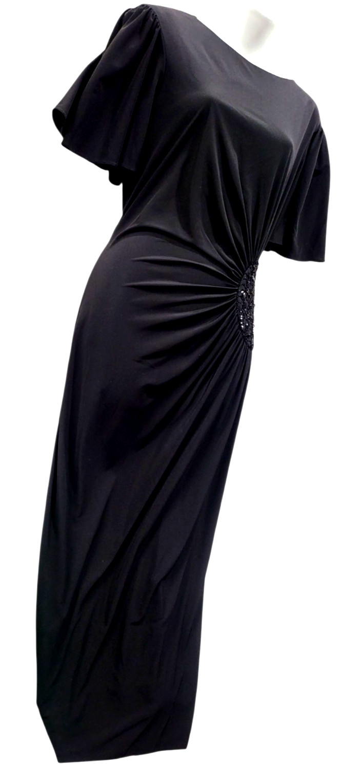 Vtg RIMINI Women Black Maxi RUCHED BEAD & SEQUINCE Side Accent Evening Gown 10