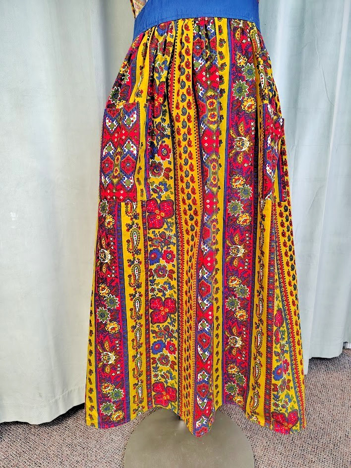 VTG Floral Paisley Bohemian Bib Apron Maxi Dress Design House Japan 60s/70s