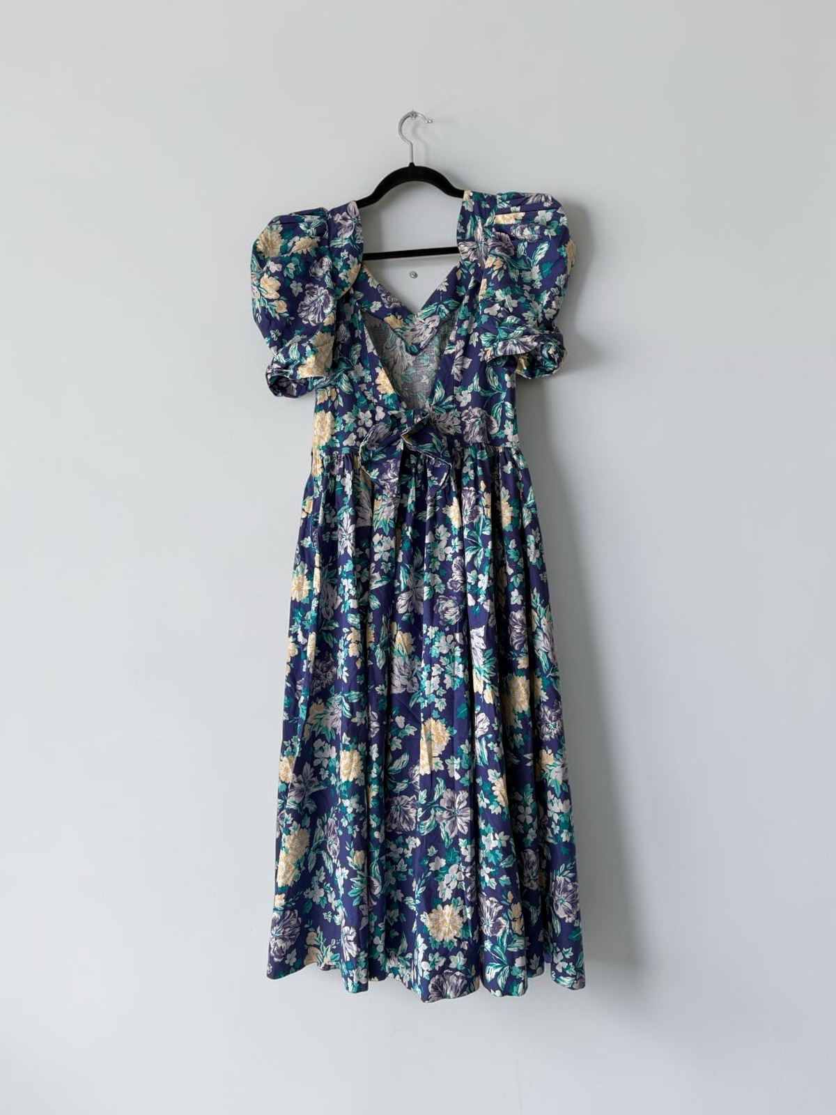 Laura Ashley Vintage Blue Floral Puff Sleeve Midi Dress UK 14 US 12 Cottagecore