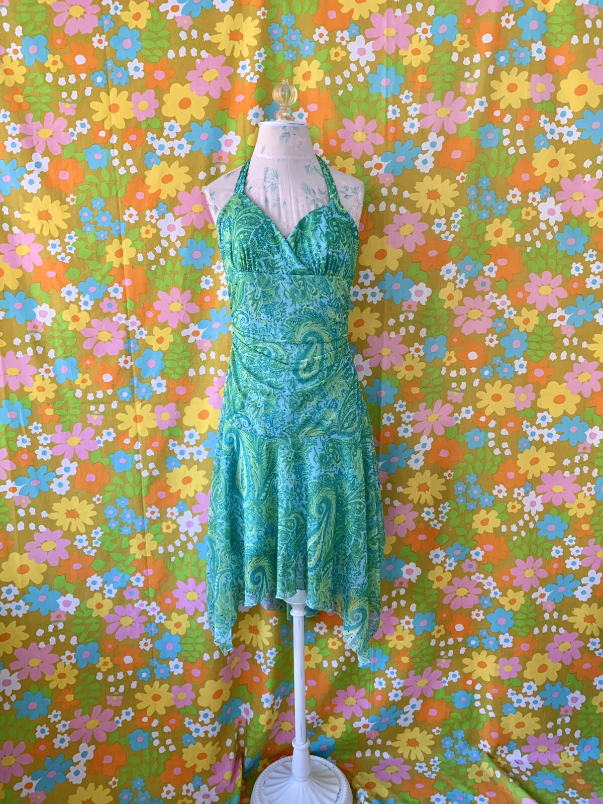 vintage y2k green blue paisley sparkly dress M/L