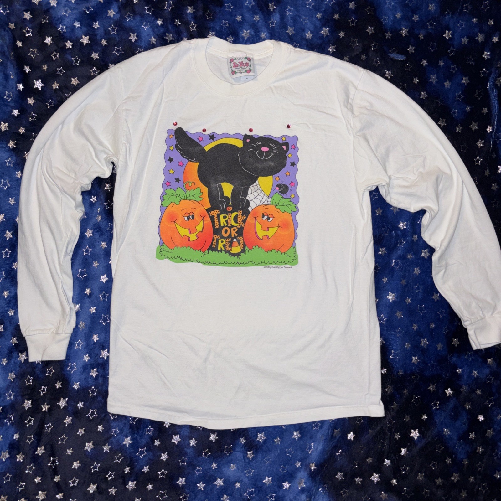 Vintage 90s Trick Or Treat Cat With Pumpkins Im Yours Brand With Pink Rhinestone