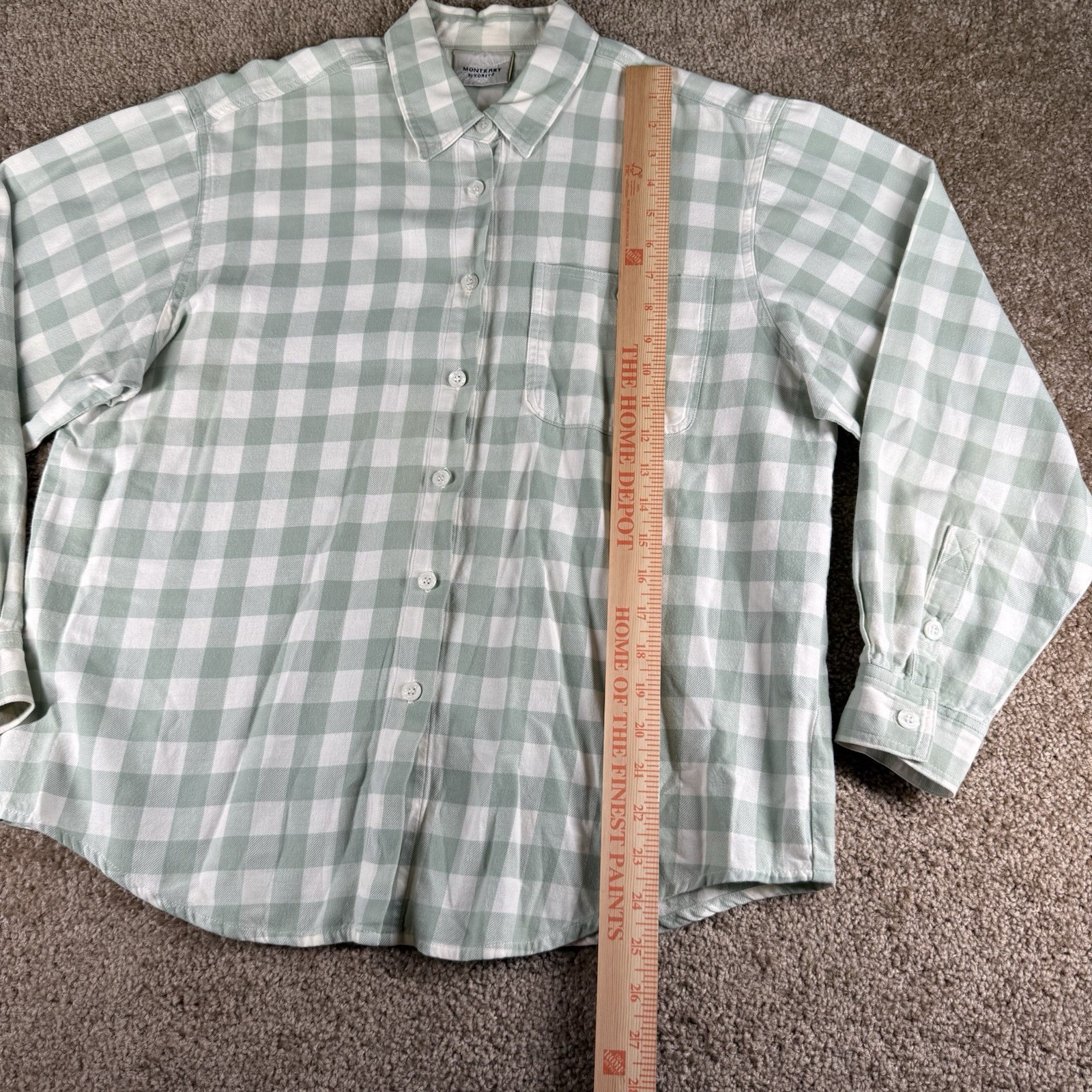 Vintage Montery By Koret Ivory And Green Gingham Checkered Longsleeve Button Up