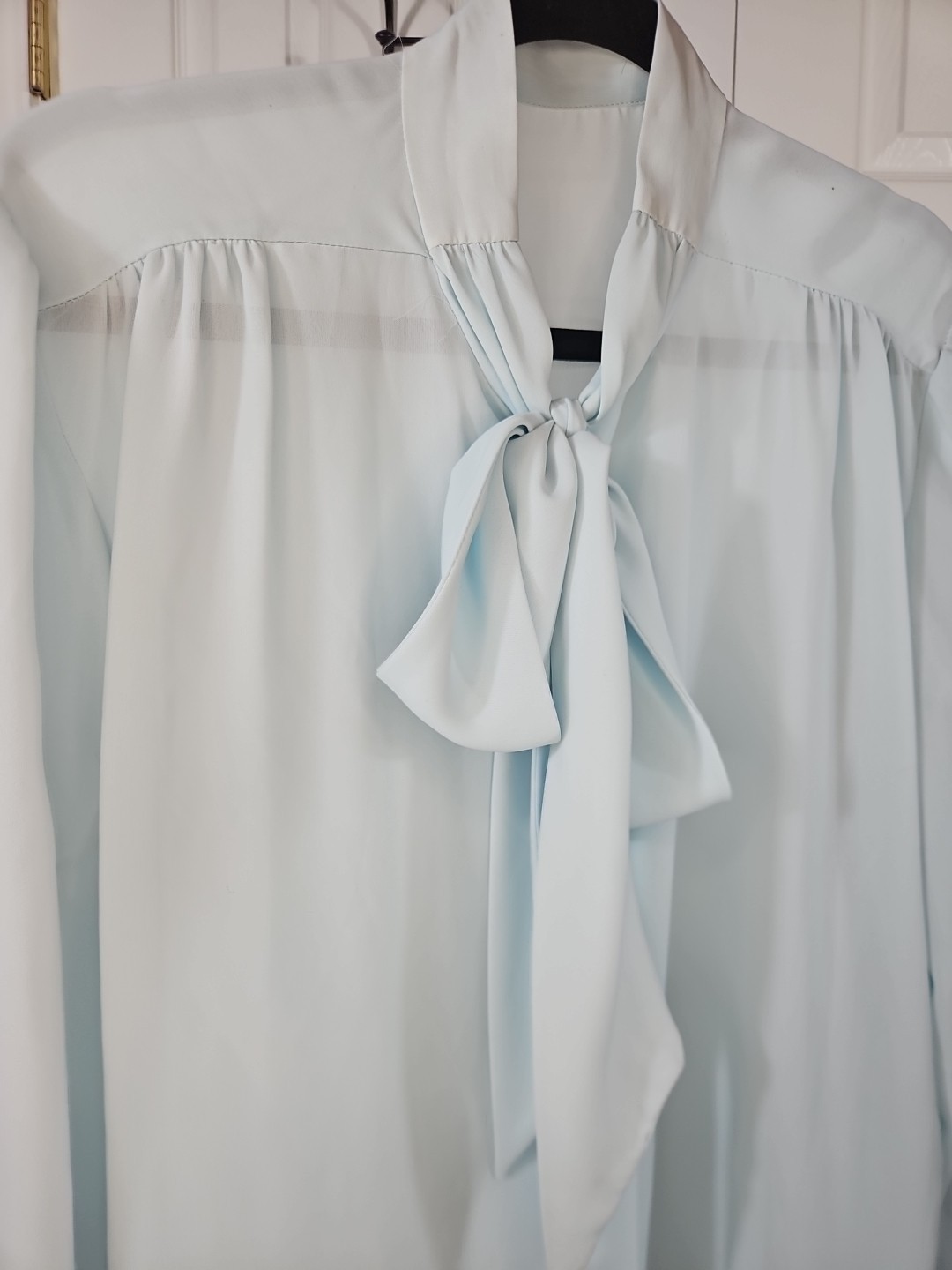 Vintage 80s Sheer Pussybow Blouse, Blue L/XL Cottagecore Prairie Whimsical Twee