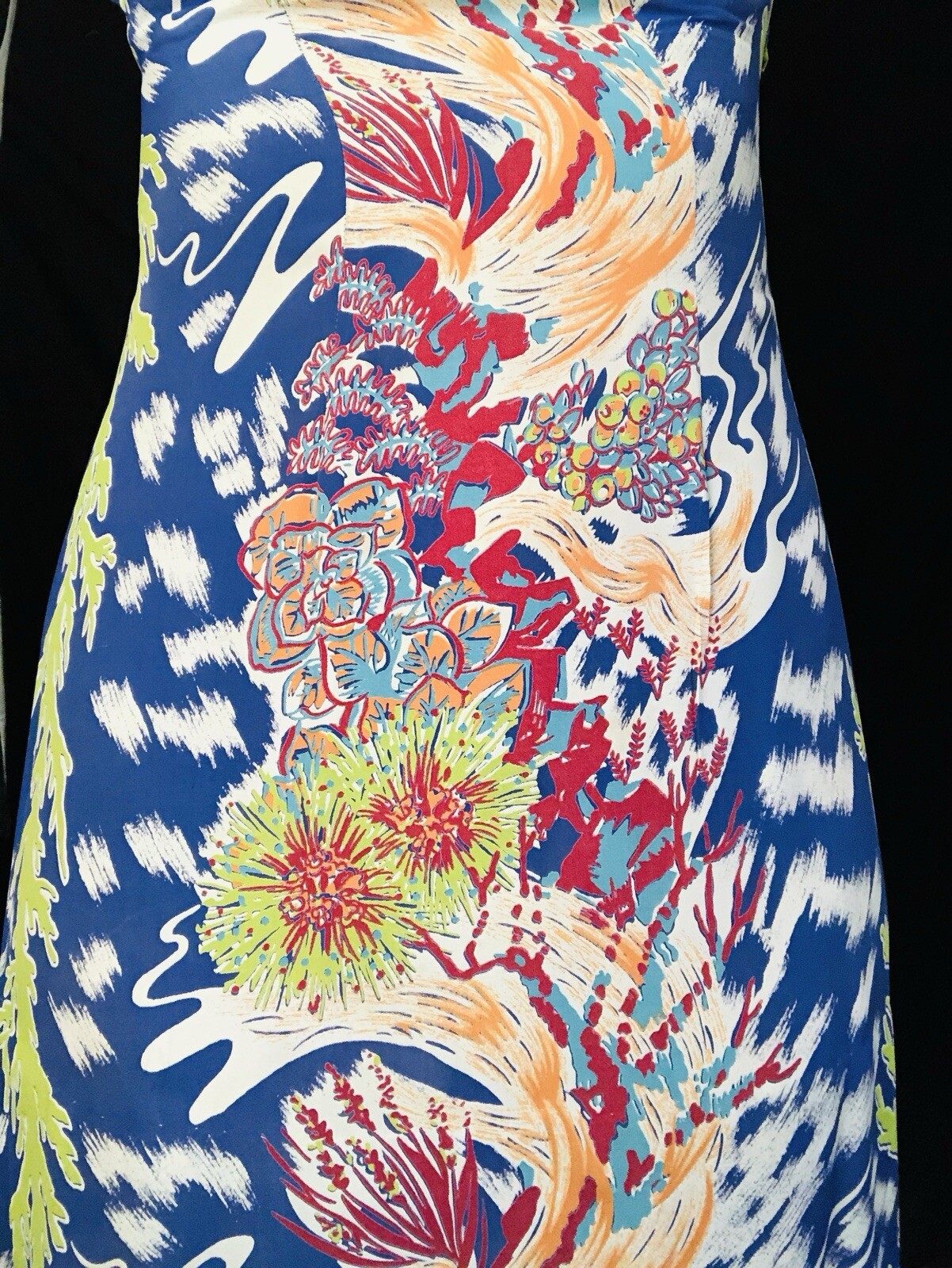 Vintage 1940s 40s Cold Rayon Wild Psychedelic Floral Hawaiian Dress Tiki Oasis