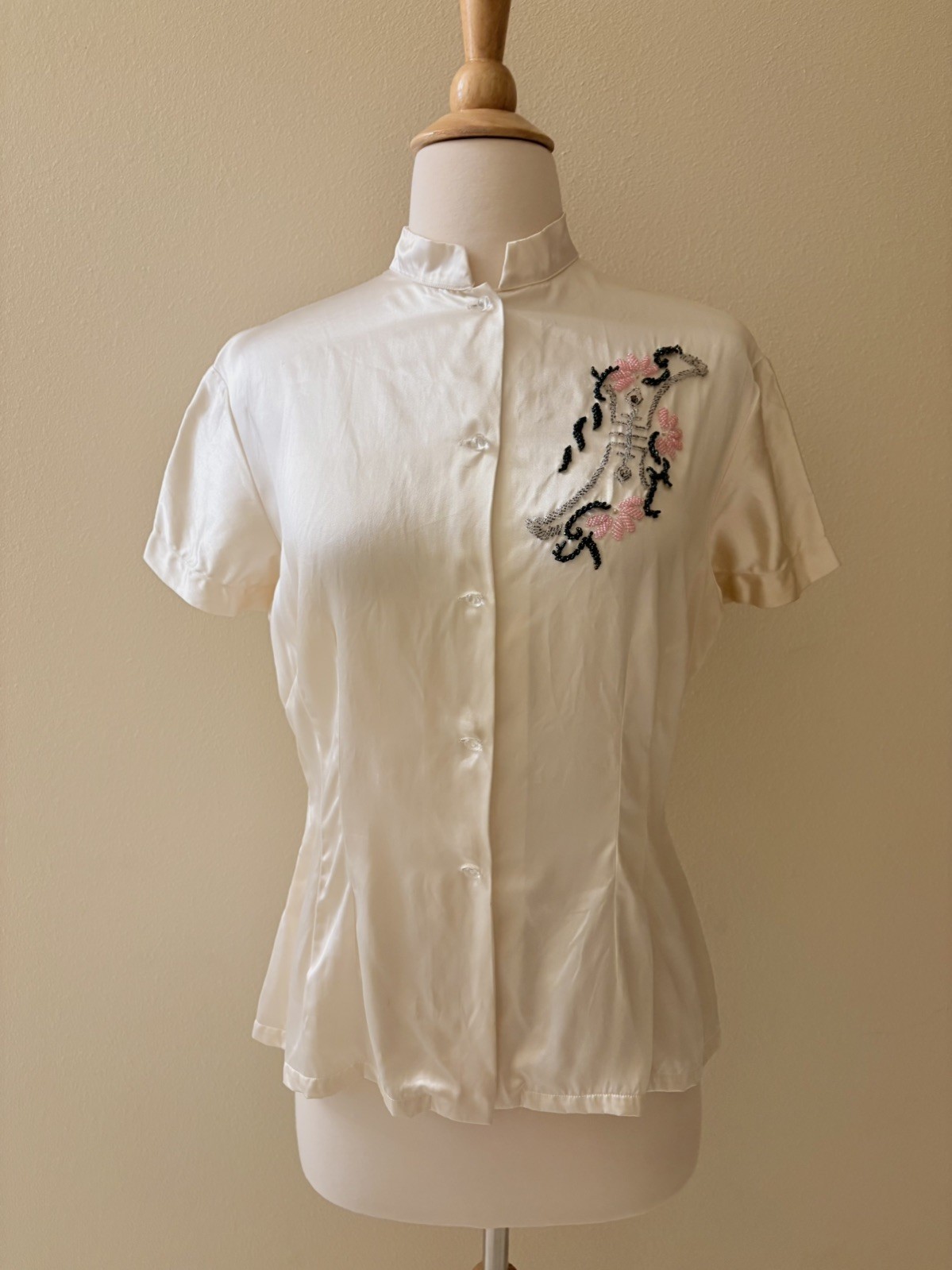 Vintage 50s 40s Style Silk Satin Ivory Mandarin Collar Blouse Beaded Button Up M