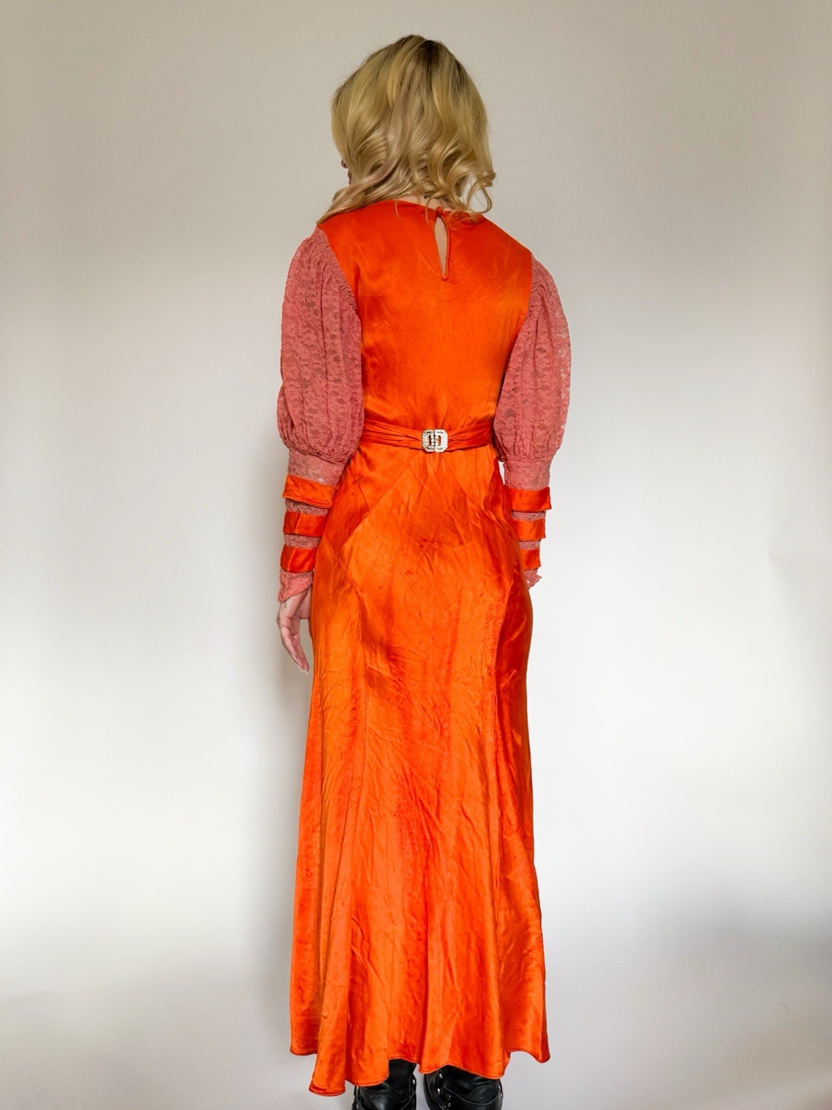 Vintage 1940’s Over Dyed Orange Pink Satin Dress Lace Puff Sleeves Belt