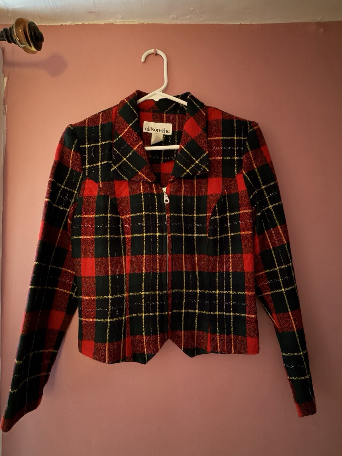 Vintage 90s Plaid Blazer Jacket Fitted Crop Shacket -Bold Bright Zip Up Holiday