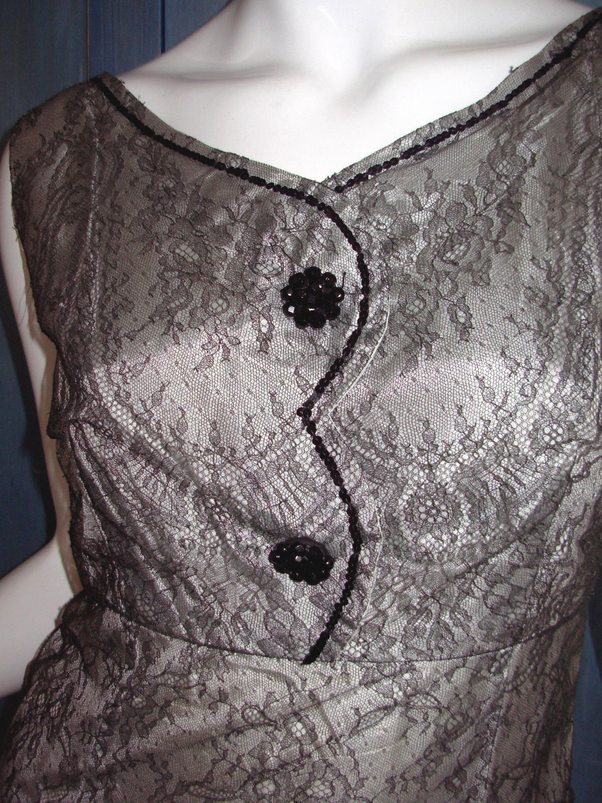 Vtg 50s 60s MOLSTAD & CO Dress 42 M Foral LACE Beaded JEWEL WIGGLE COCKTAIL Rare