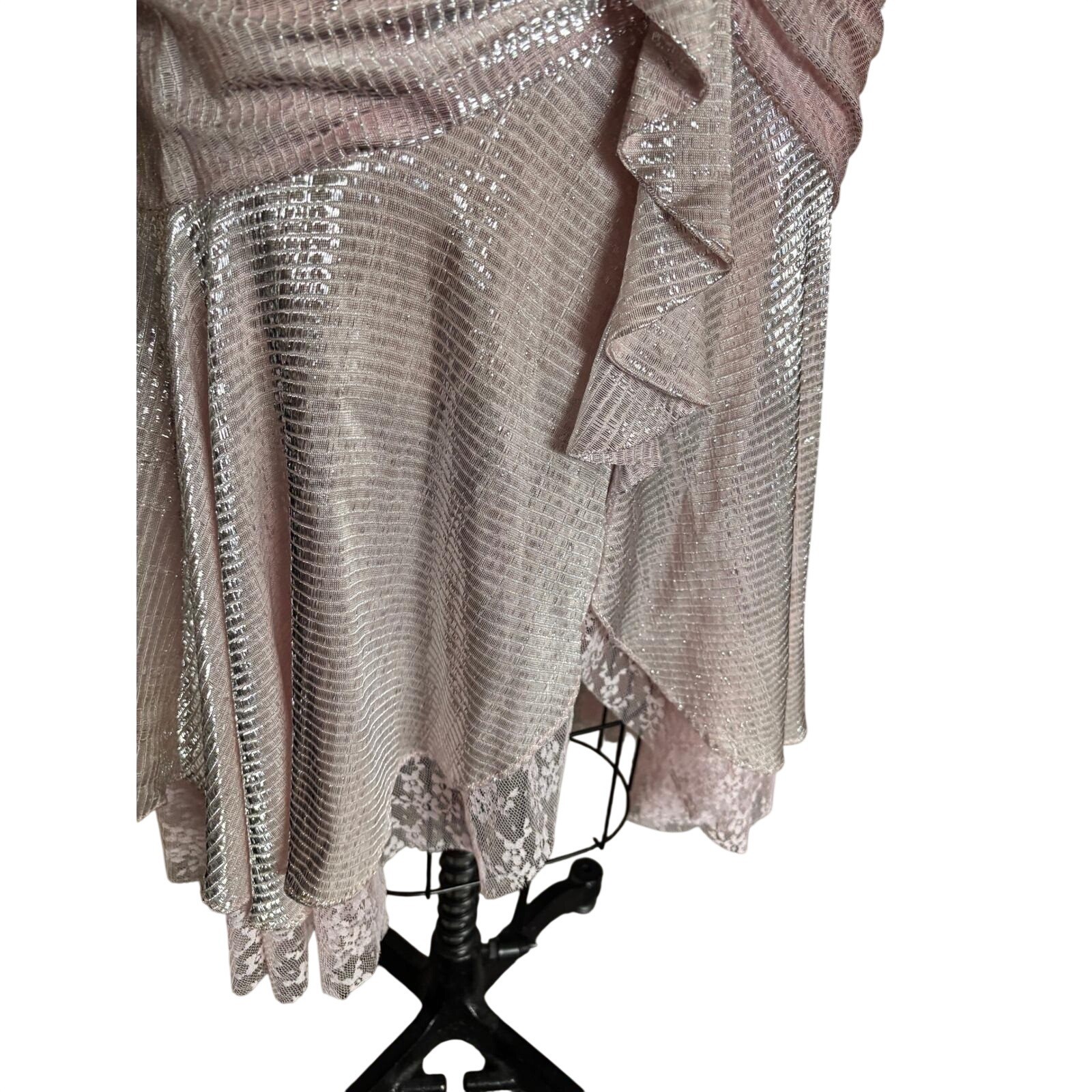 Vintage Ruched Metallic Lurex New Leaf by Samir Cocktail Dress Small Pink Silver
