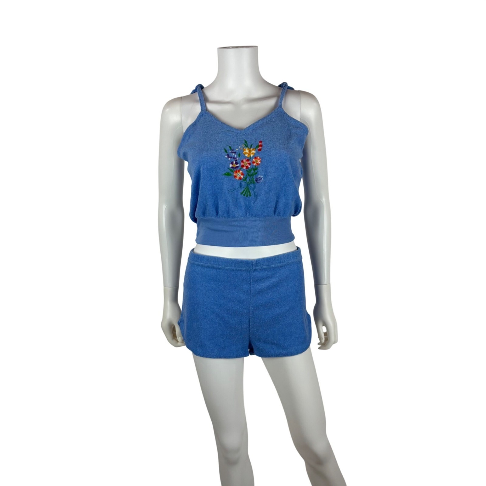 Vintage 80s Terry Cloth Set Womens L Blue Flower Embroidery Two Piece Summer