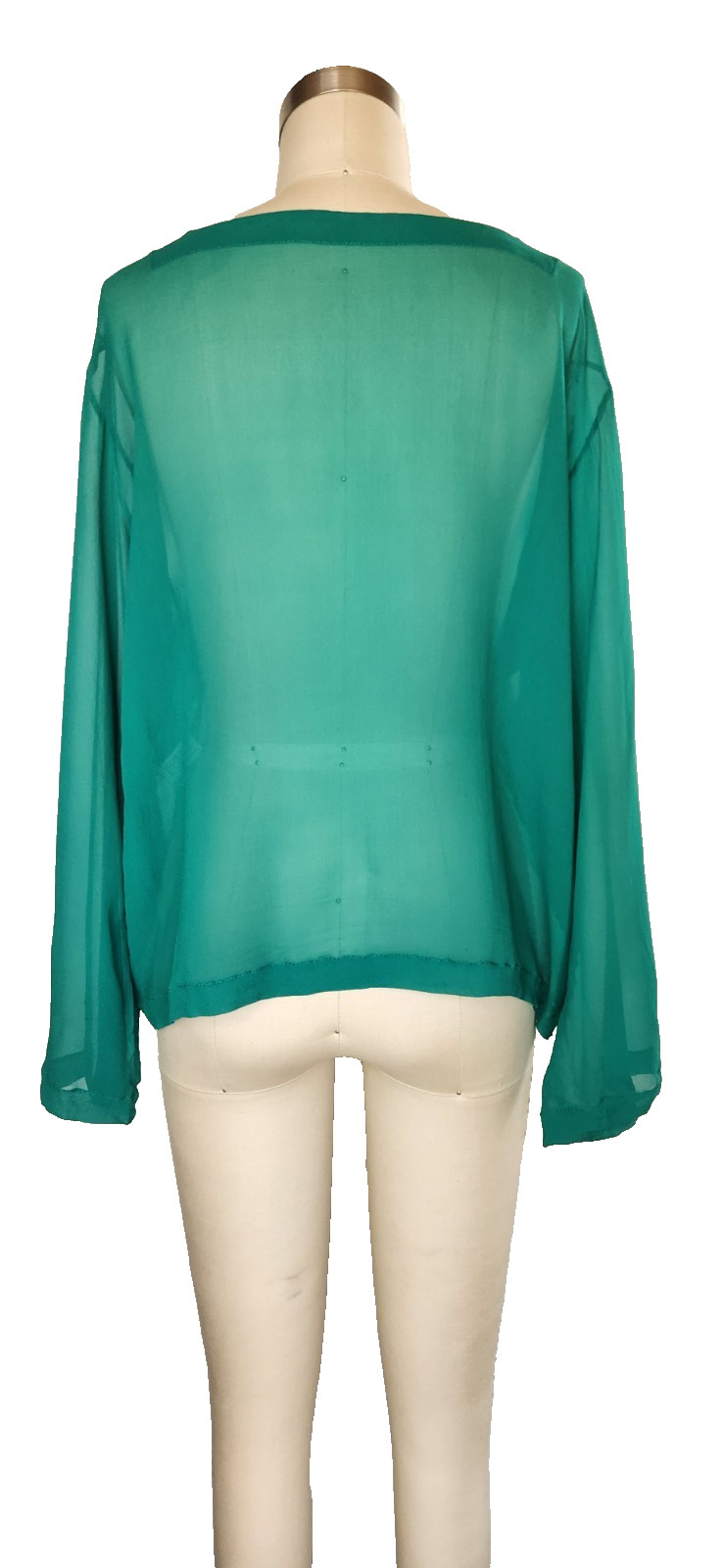 VTG 80s OMO Norma Kamali Green SILK Blouse Top Long Sleeves Sheer Oversized L