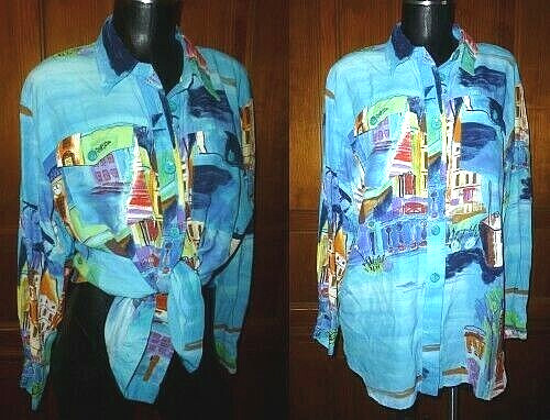 Vtg 80s St Germain Paris Riviera Seaside Print Rayon button down Blouse Top