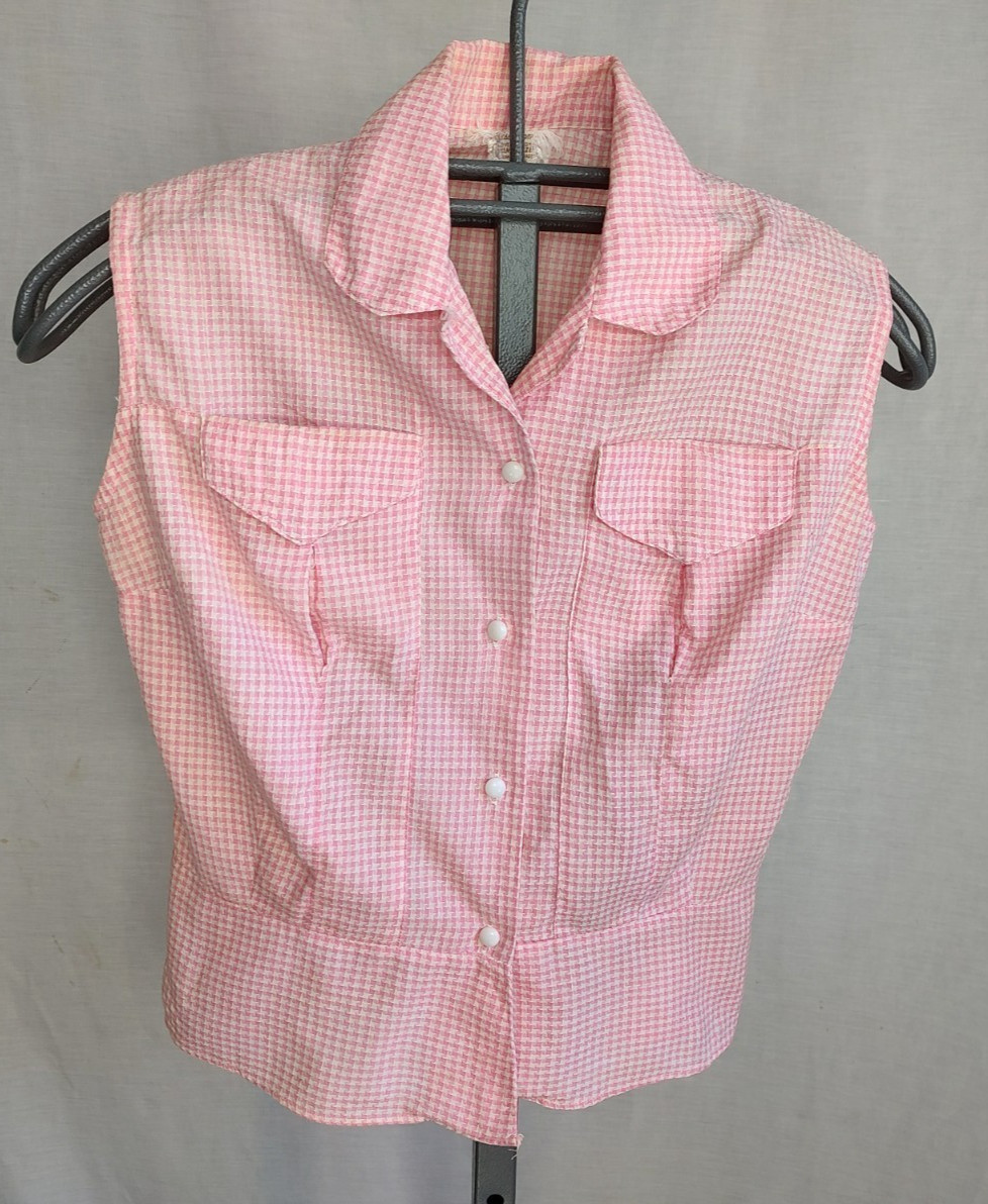 Vtg 60s Womens Sanforized Gingham Shirt Top Sz 34 Pink Check Fitted Rockabilly