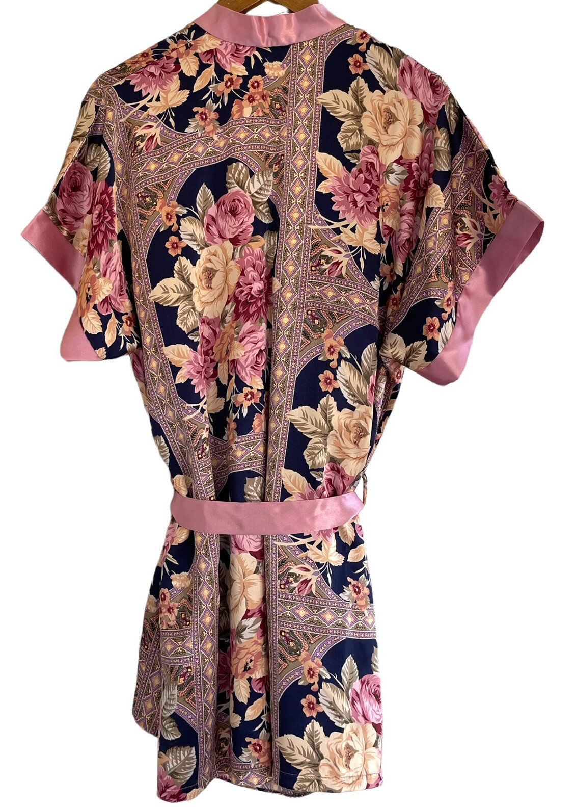 Vintage CIRCA 2000 Peignoir Set Sz M Pink Roses Floral Short Slip Nightie Robe