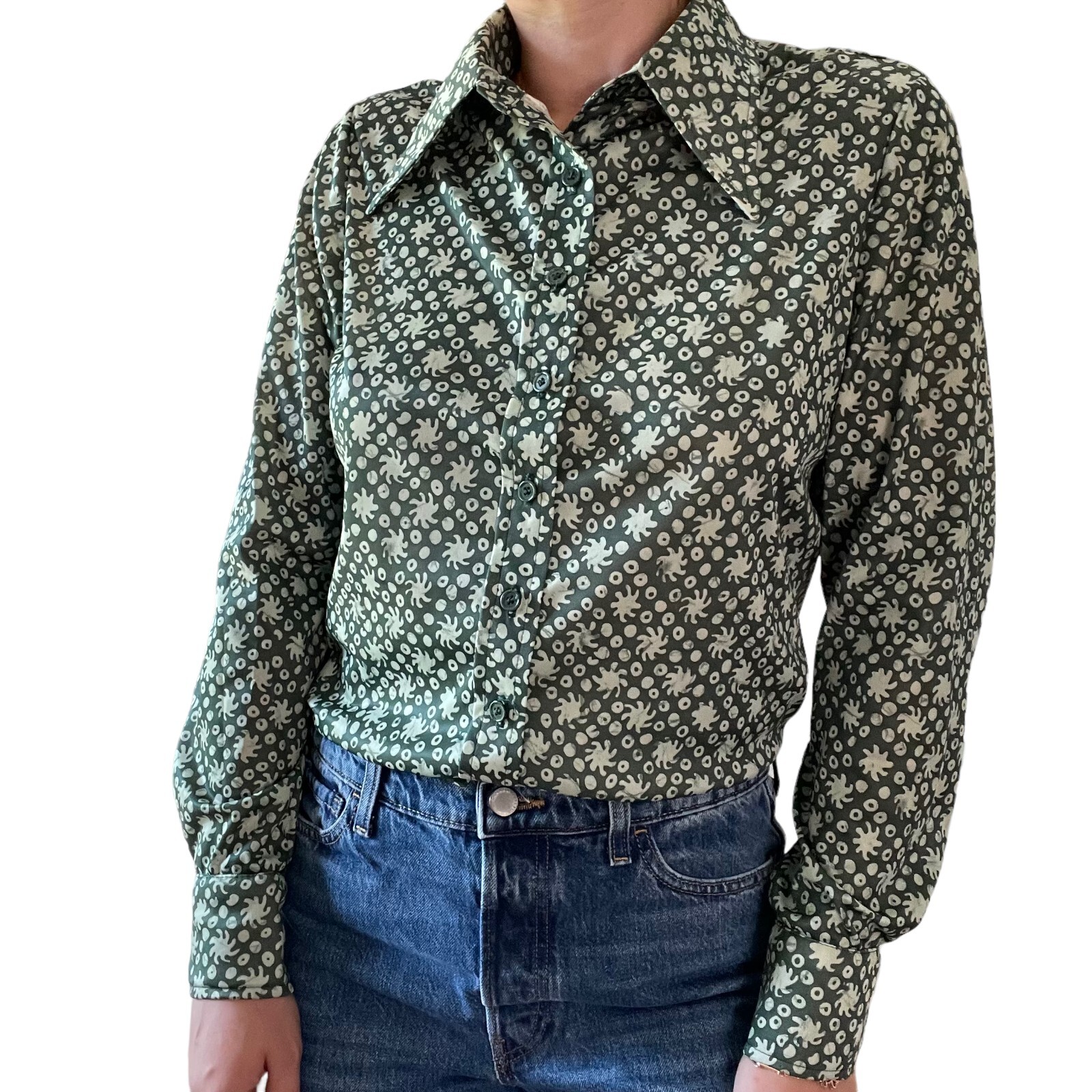 Vintage 1970s Womens Neusteters Green Retro Disco Collar Psychedelic Blouse Sz M
