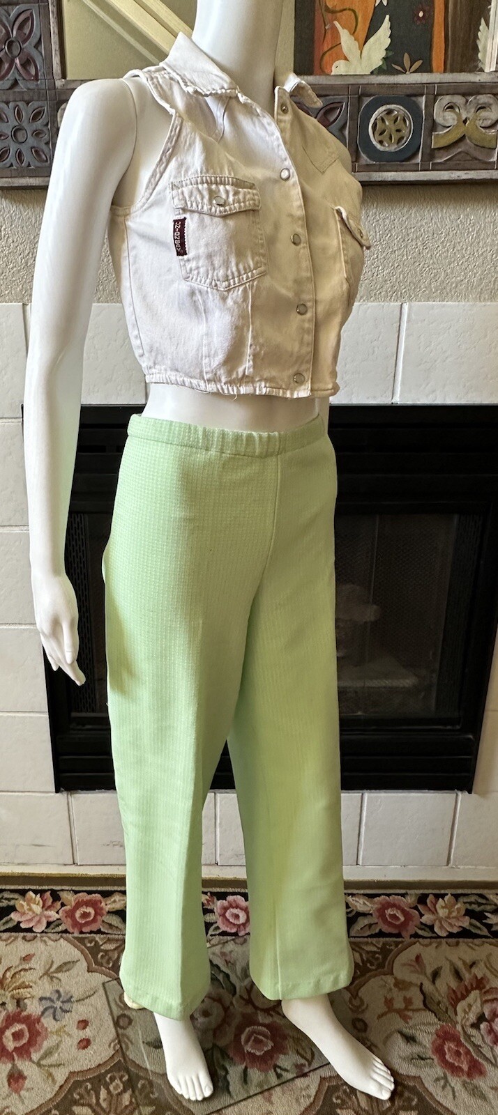 Green Plaid Polyester Pants 31×28 Lightweight Elastic Waist Vtg 70’s