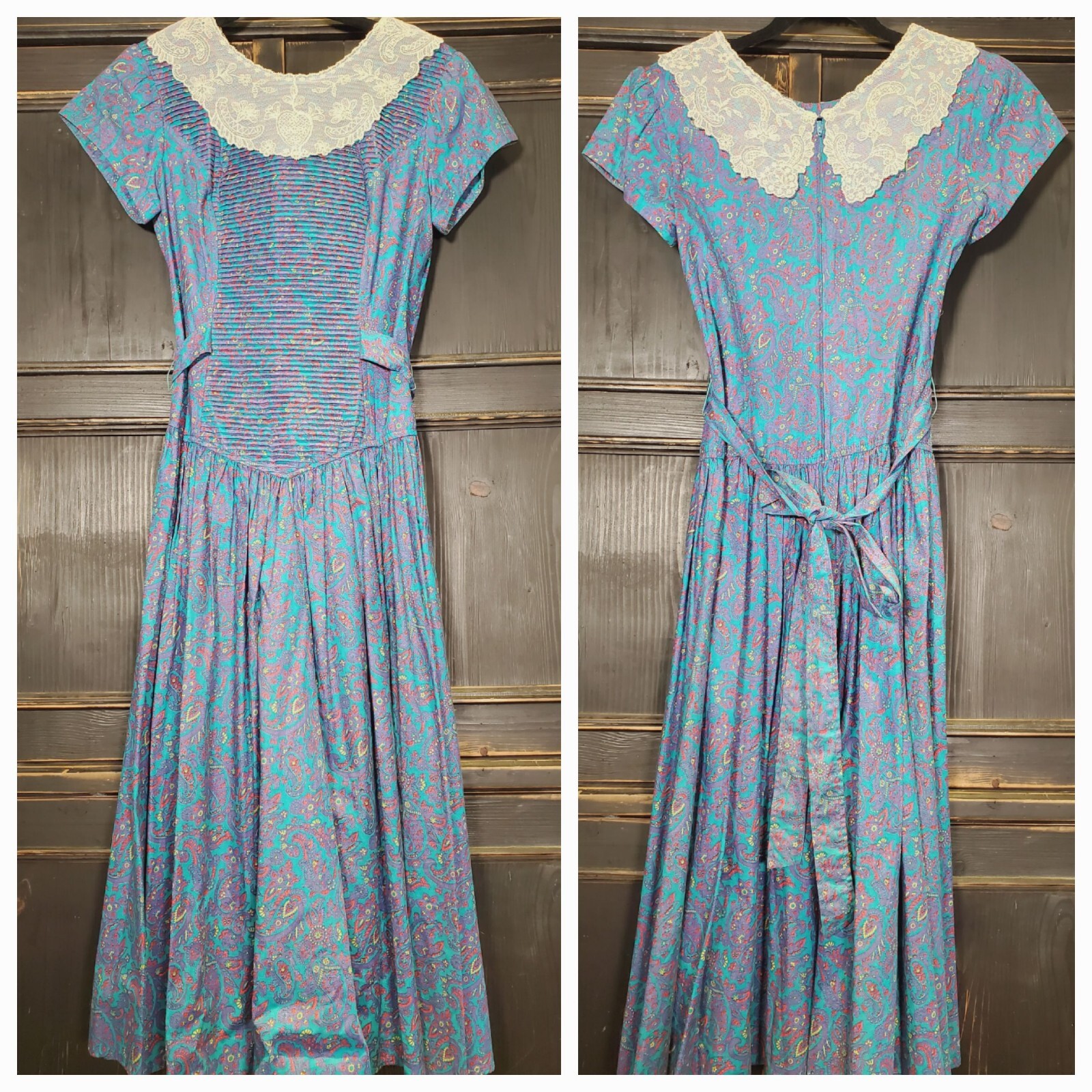 VTG Donna Morgan Non Stop 80s Cottagecore Bib Dress Cotton Paisley Lace Size 6*