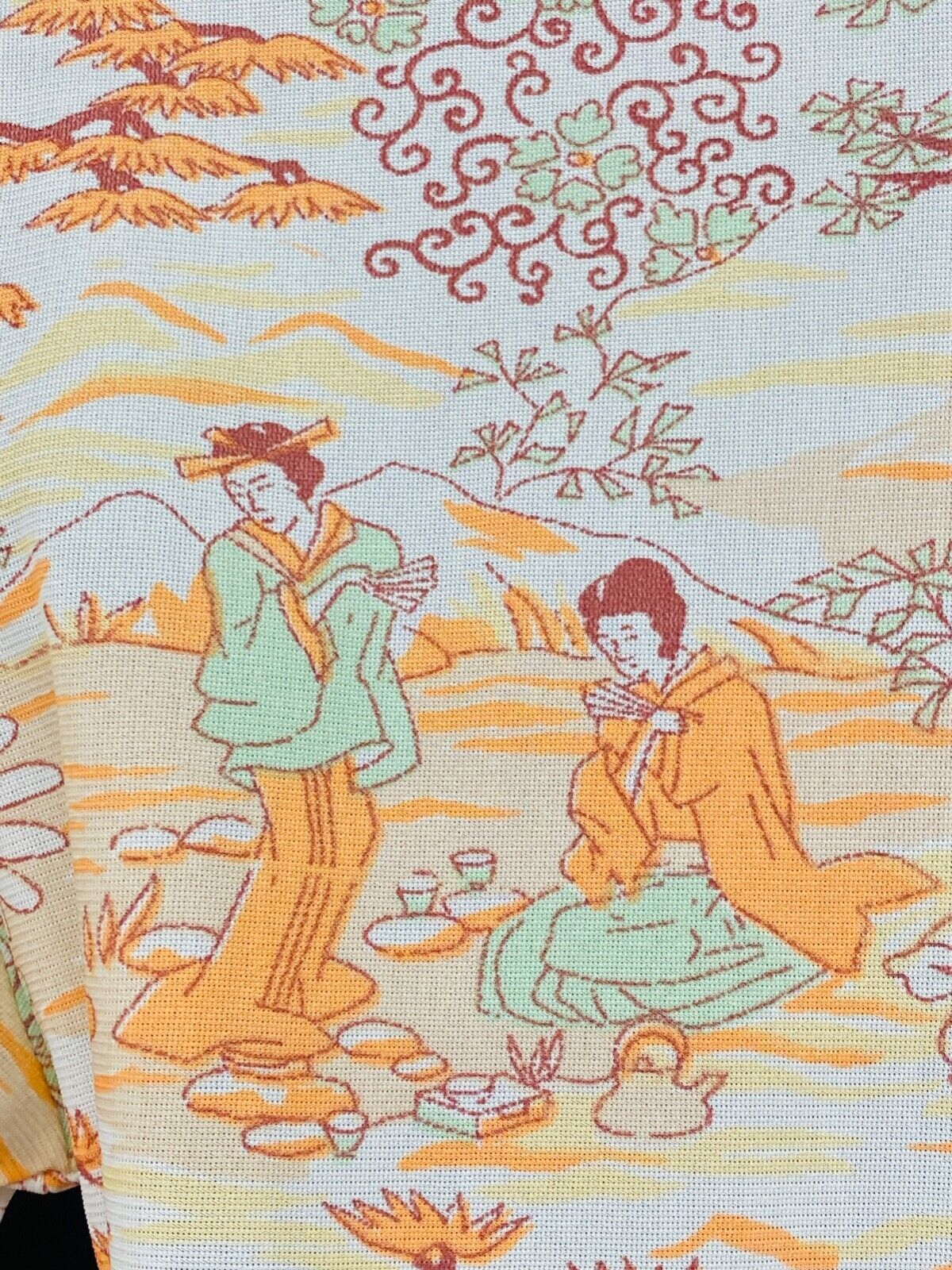 Vintage 1970s novelty print crop top geisha ladies white orange blouse tie waist