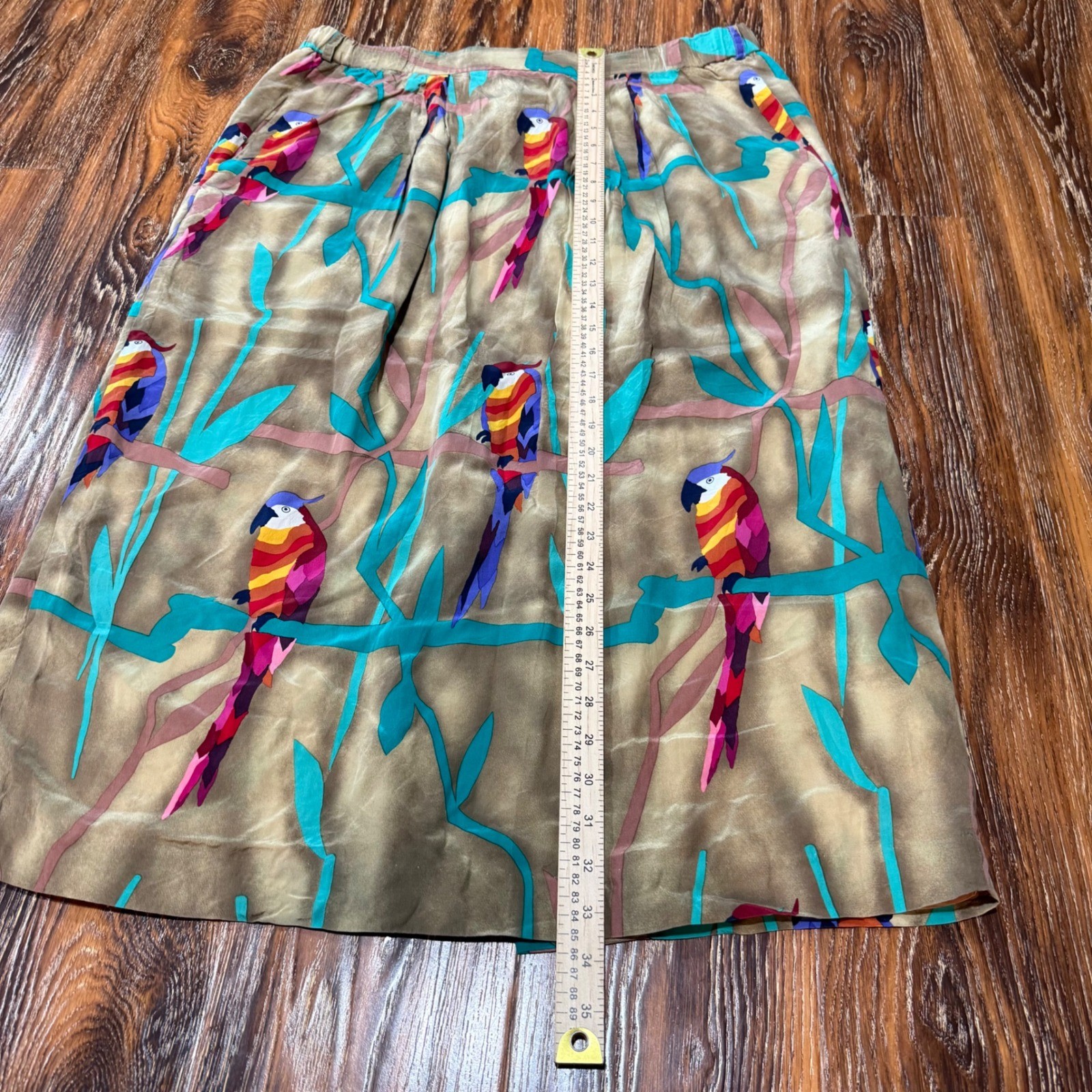 Vintage 100% Silk Ann May Women Size 14 Parrot Print Midi Skirt Tan Teal