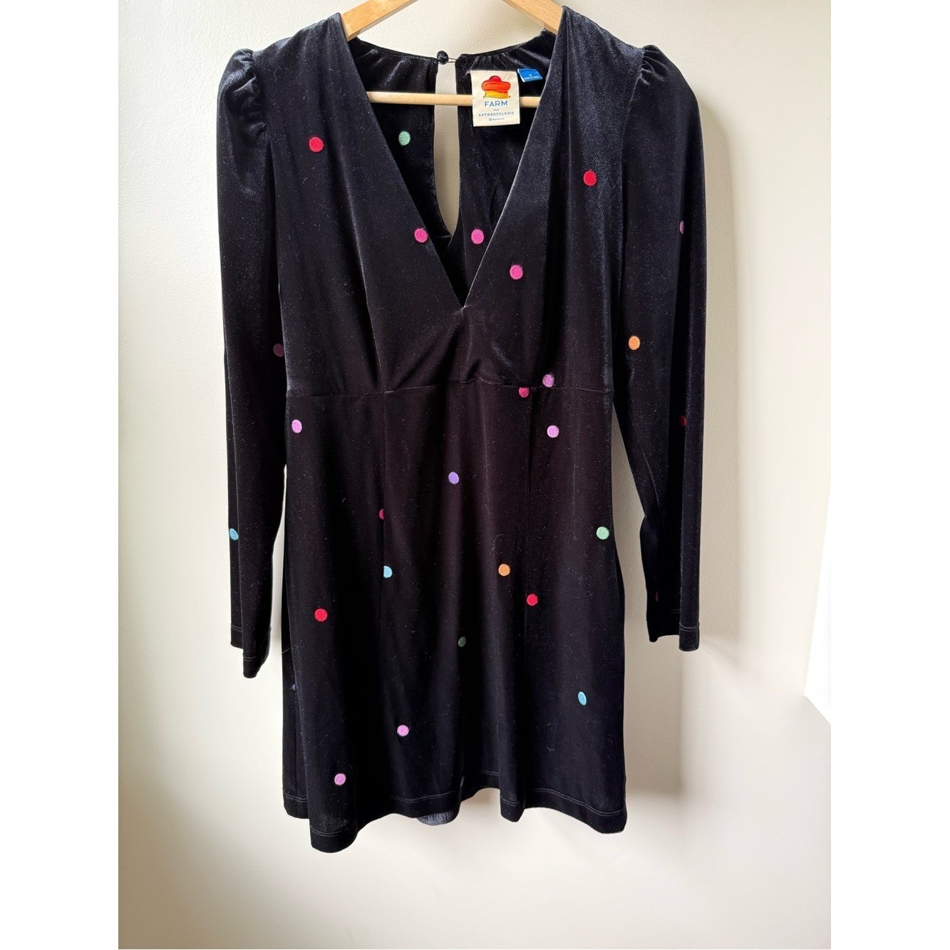 FARM RIO Embroidered Velvet Mini Dress Polka Dot Retro Whimsy Black Rainbow M