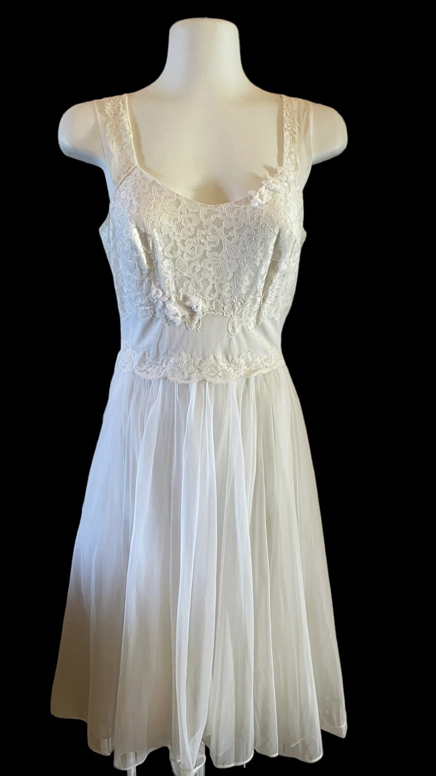 Vintage 50’s Shadowline Nylon Chiffon Lace Nightgown Bridal 32 Ivory Belt Waist